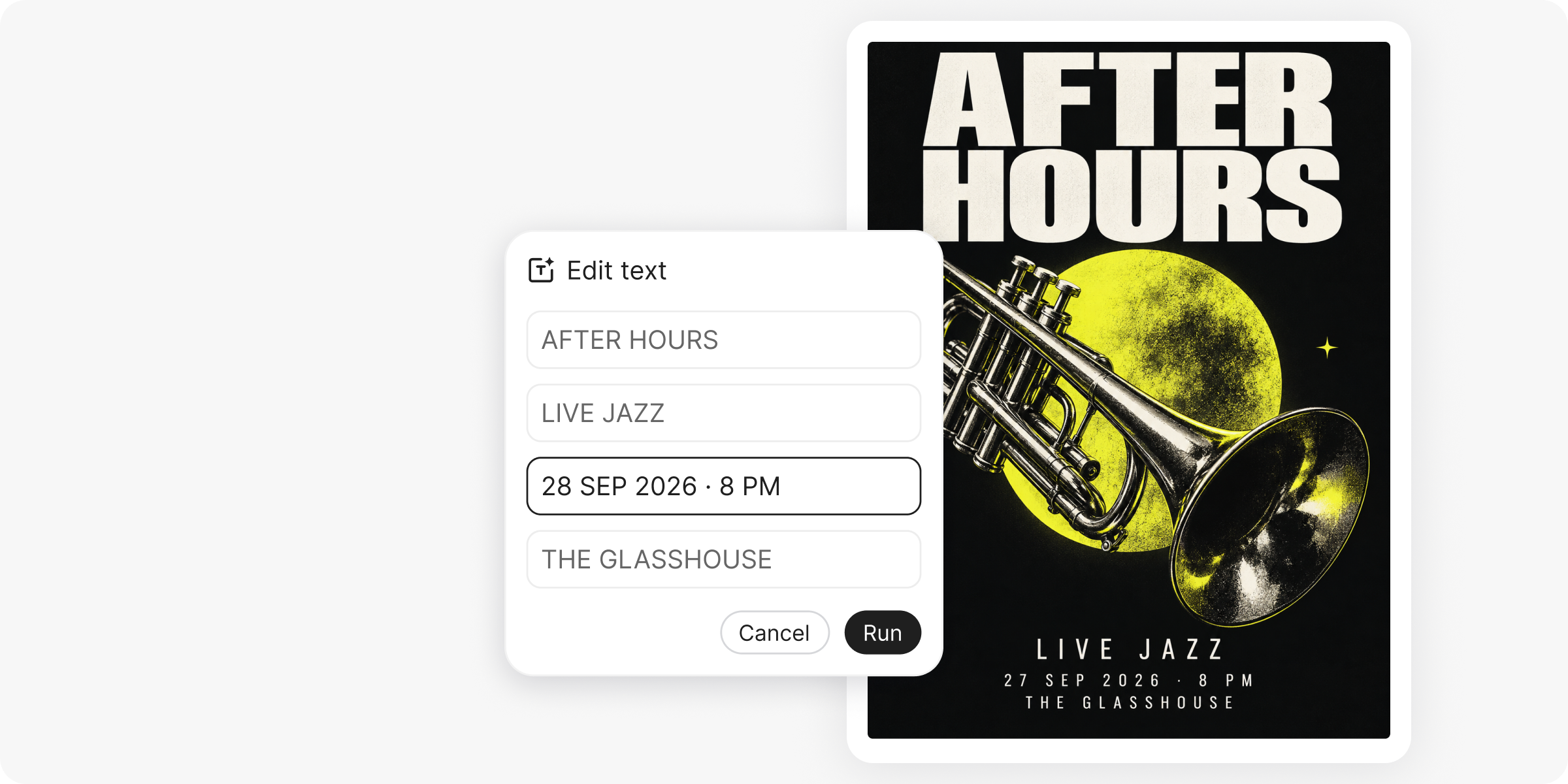 โปสเตอร์ After Hours พร้อมแผงแก้ไขข้อความสำหรับชื่อ วันที่ และสถานที่