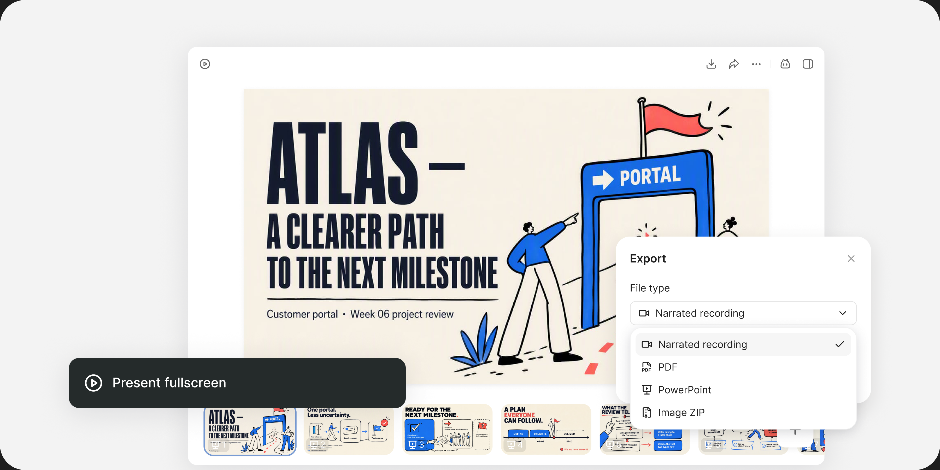 Una presentazione Atlas con visualizzazione a schermo intero ed esportazione di video narrati.