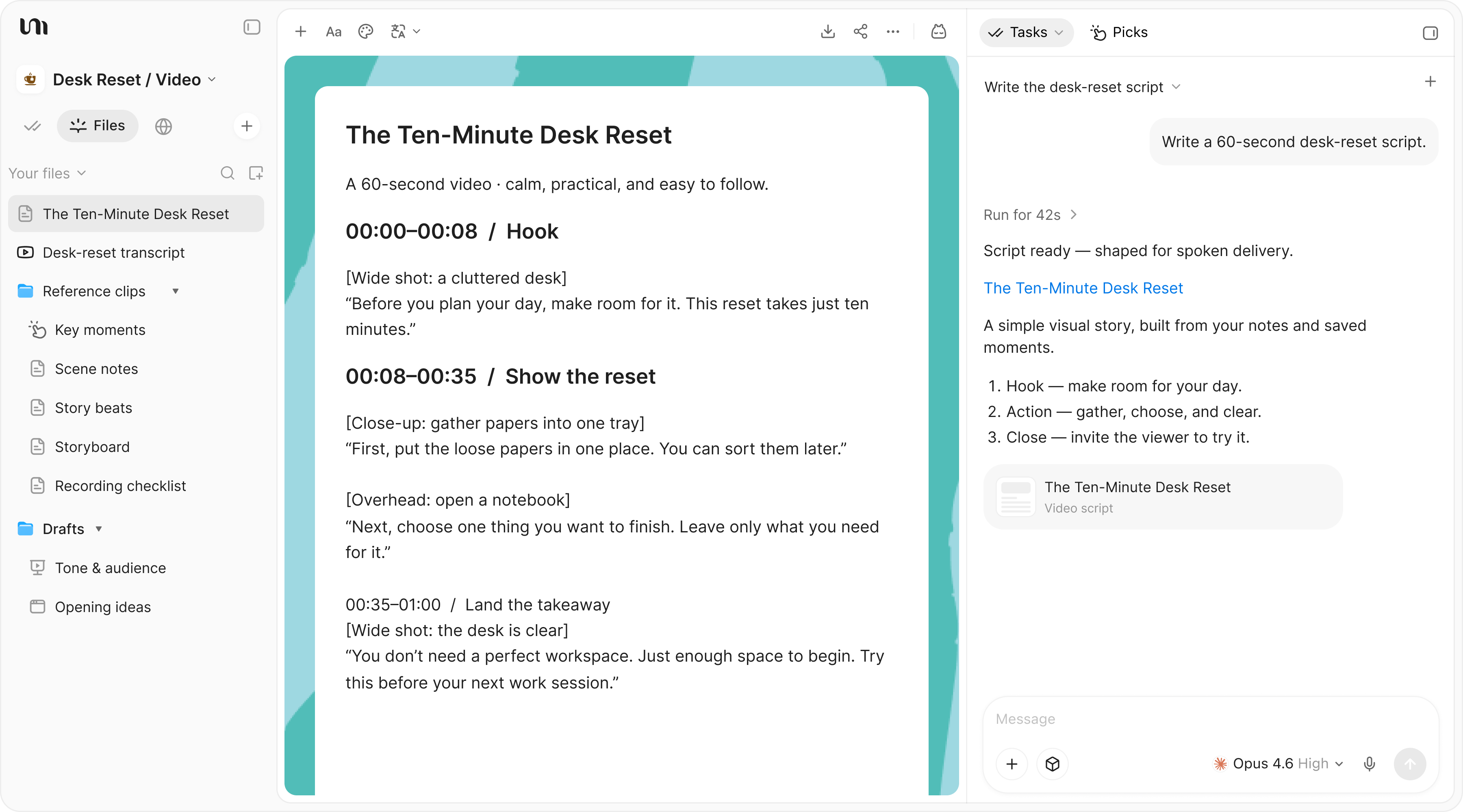 YouMind develops a video script with a clear hook, story beats, and spoken narration.