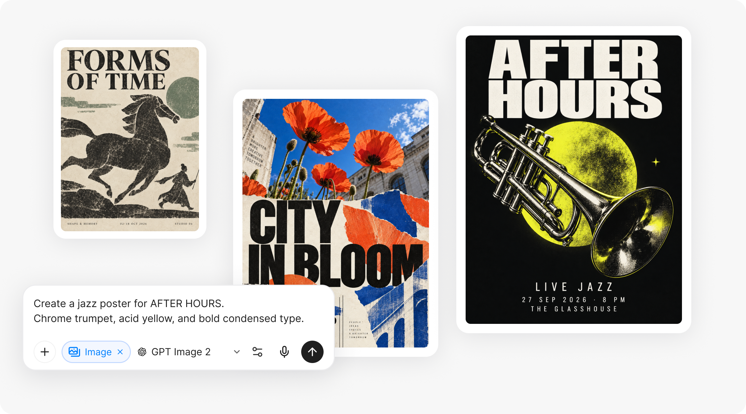 โปสเตอร์สามแนวทาง ได้แก่ Forms of Time, City in Bloom และ After Hours พร้อมพรอมต์ภาพของ YouMind