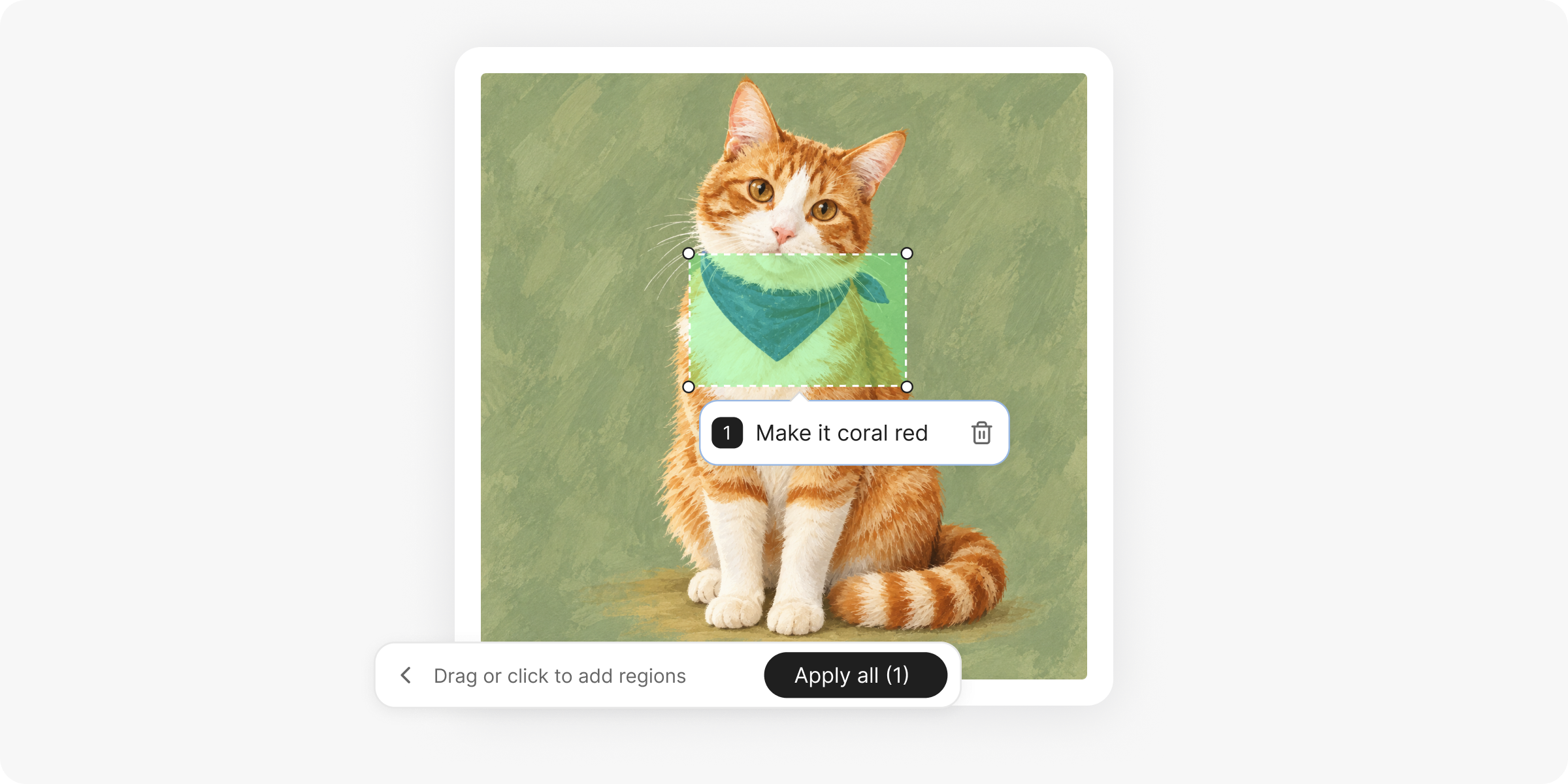 Una ilustración de gato con el pañuelo seleccionado y una instrucción para cambiarlo a rojo coral.