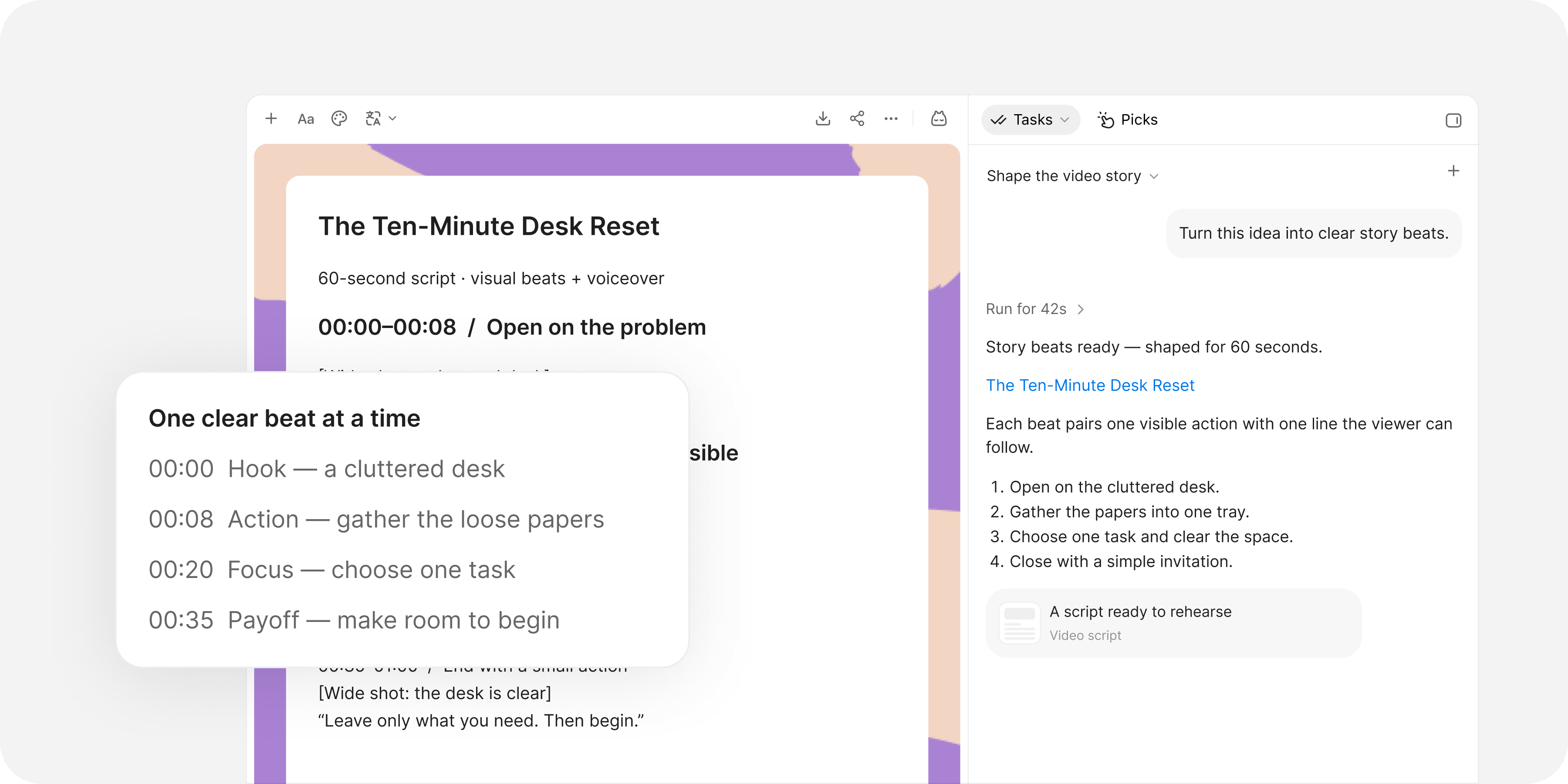 An editable script outline organizes the hook, story beats, scenes, and transitions.