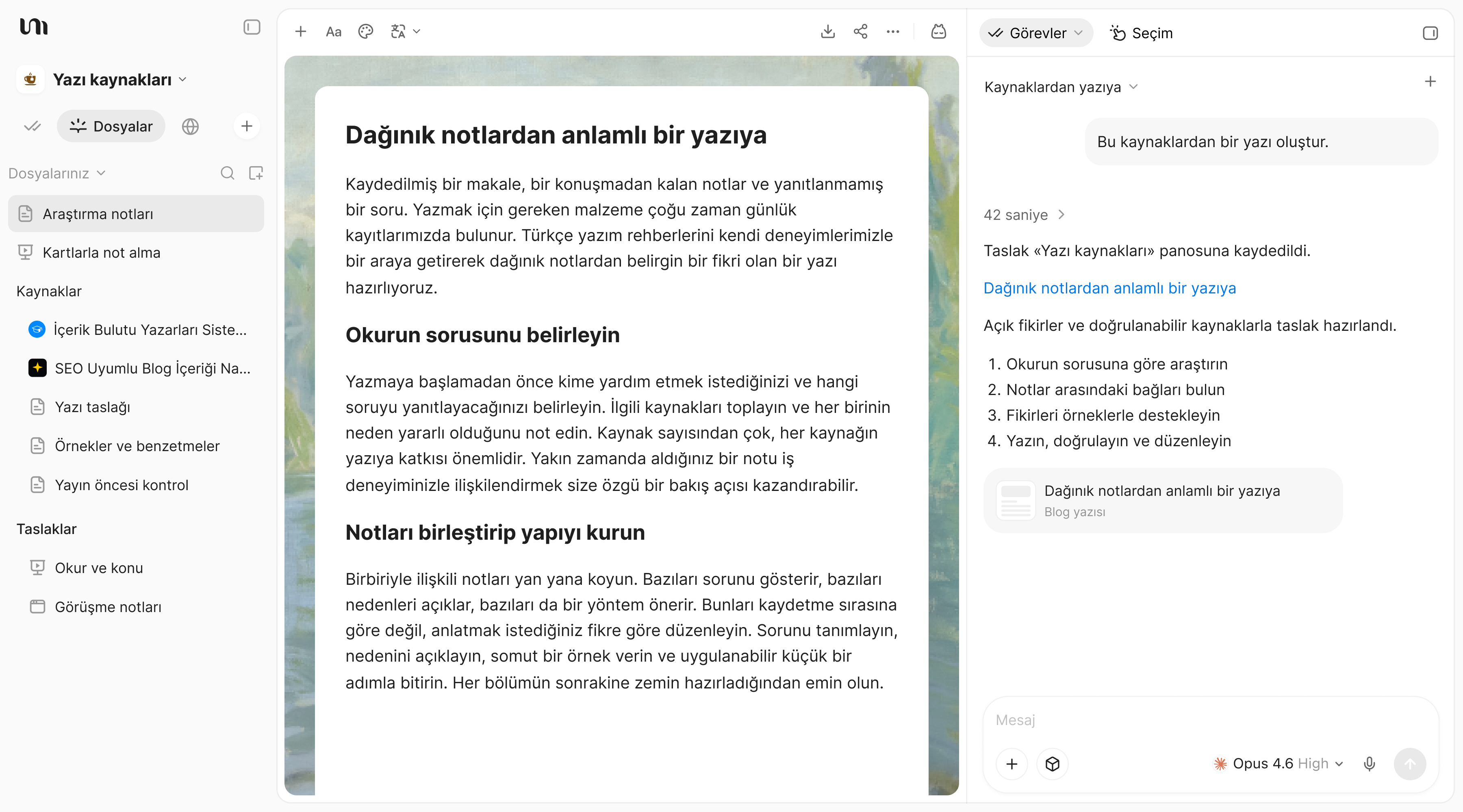 Kaynaklara dayalı bir blog taslağı ve yapay zekâ sohbeti içeren YouMind yazı alanı.