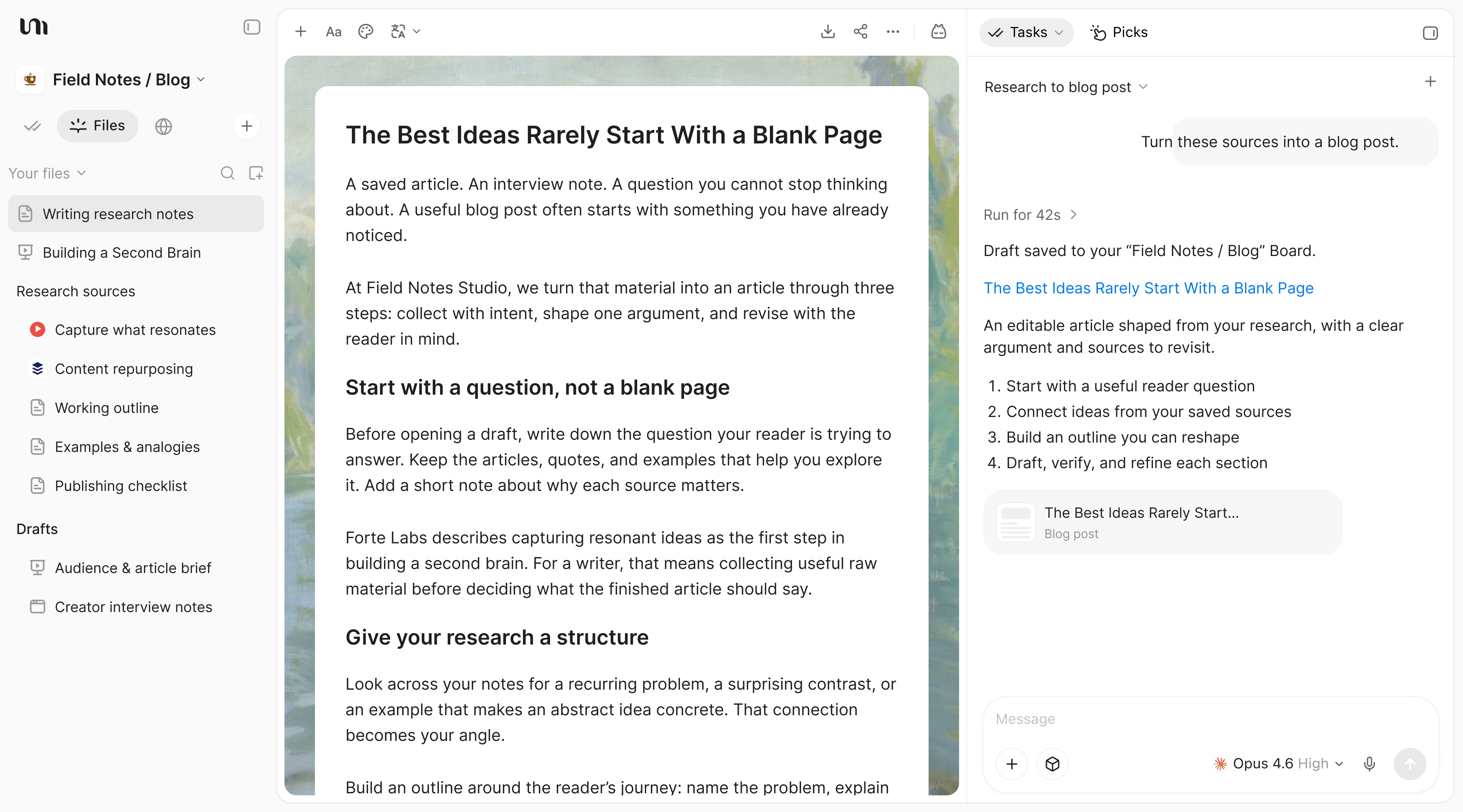 YouMind writing workspace with a source-grounded blog draft and AI conversation.