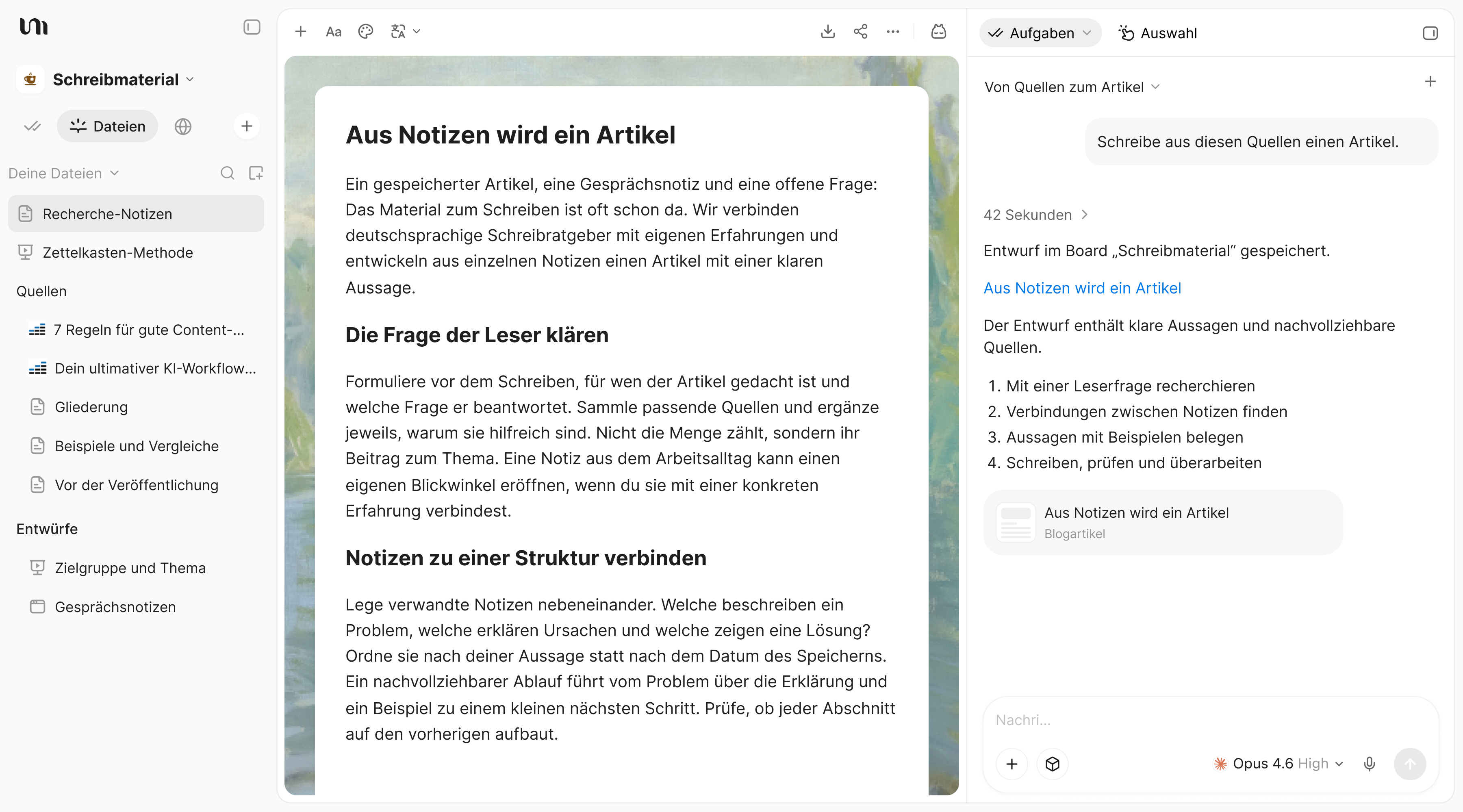 YouMind-Schreibbereich mit einem quellenbasierten Blogentwurf und einem KI-Gespräch.