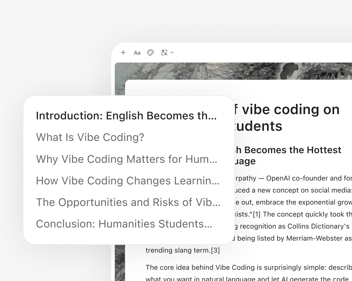 Un esquema de artículo editable junto a una tarea de escritura de YouMind