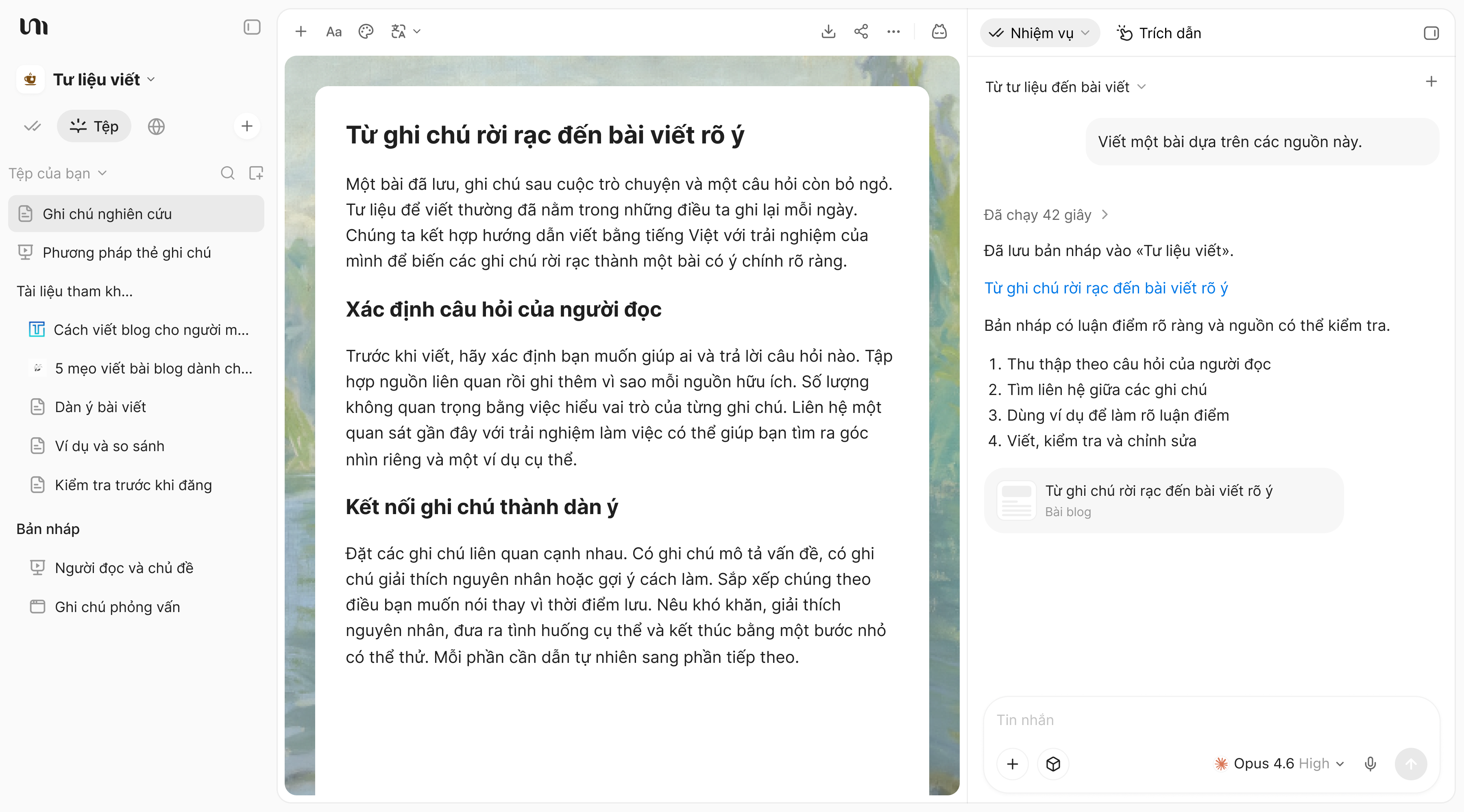 Không gian viết YouMind với bản nháp blog dựa trên nguồn tài liệu và cuộc trò chuyện với AI.