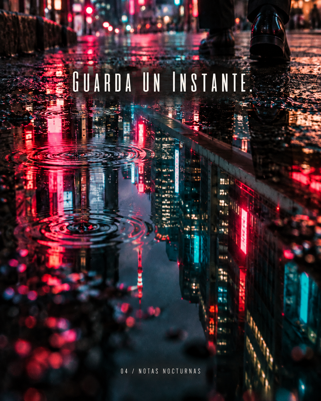 Guarda un instante: neón reflejado en charcos de lluvia