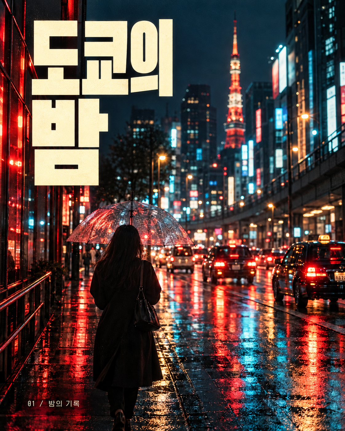 도쿄의 밤: 비 내리는 네온 거리와 우산을 쓴 사람