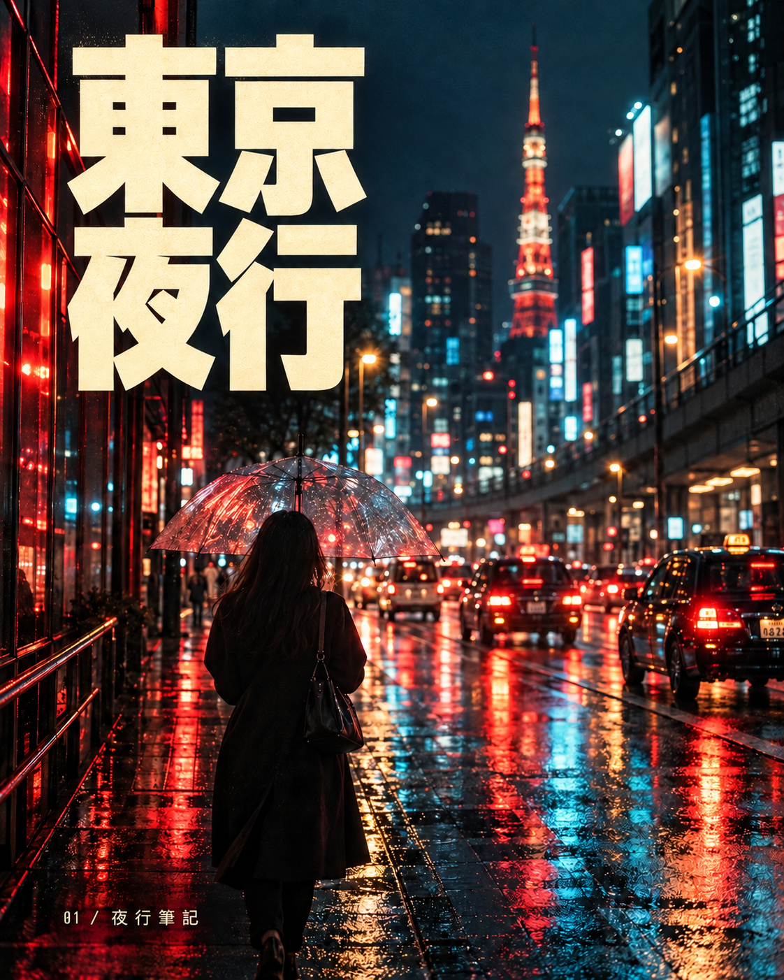 東京夜行：雨夜霓虹街景與撐傘行人