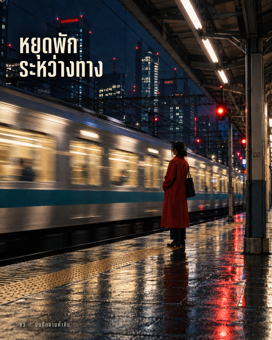หยุดพักระหว่างทาง: ชานชาลายามค่ำและรถไฟที่แล่นผ่าน