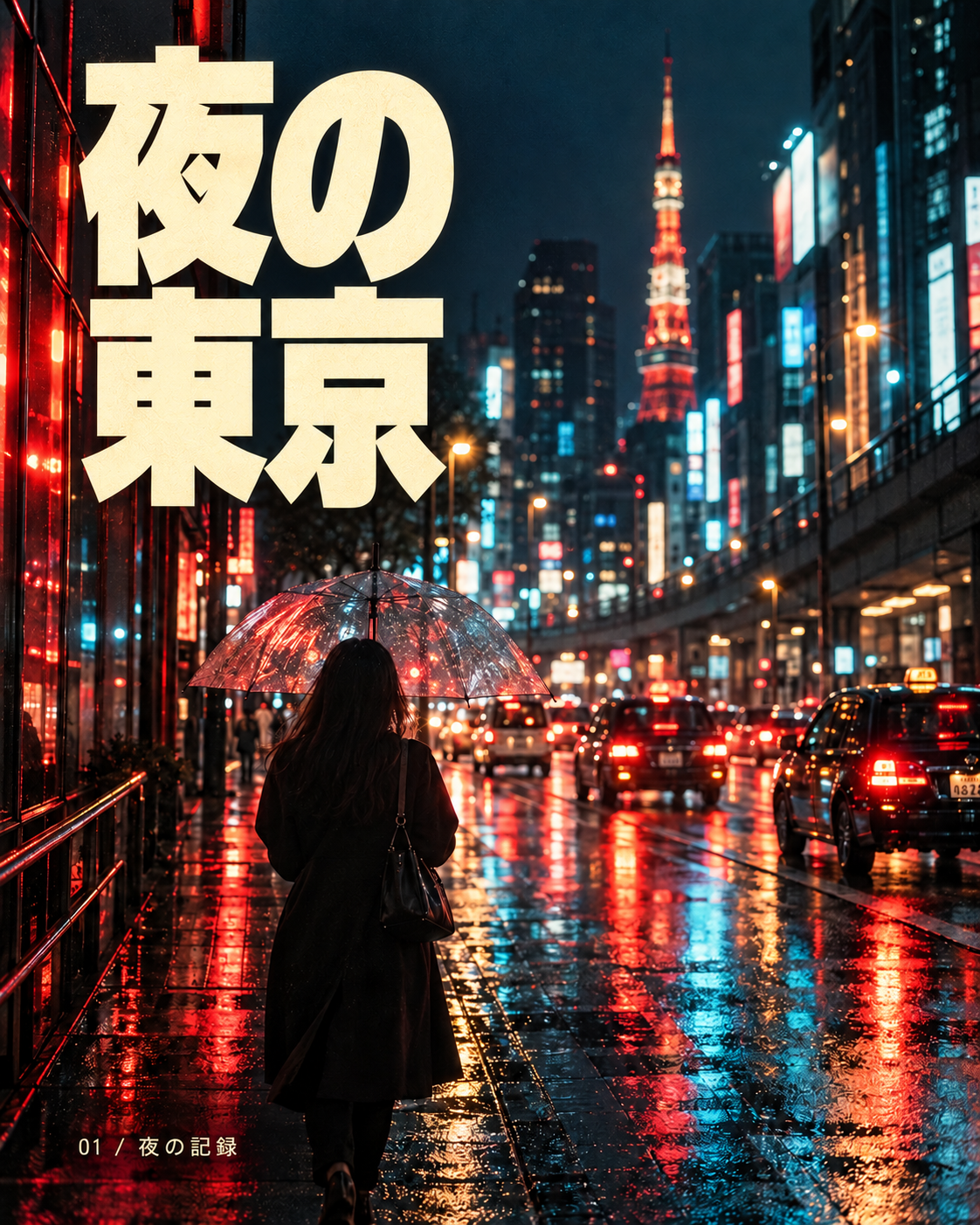 夜の東京：雨のネオン街と傘を差す人