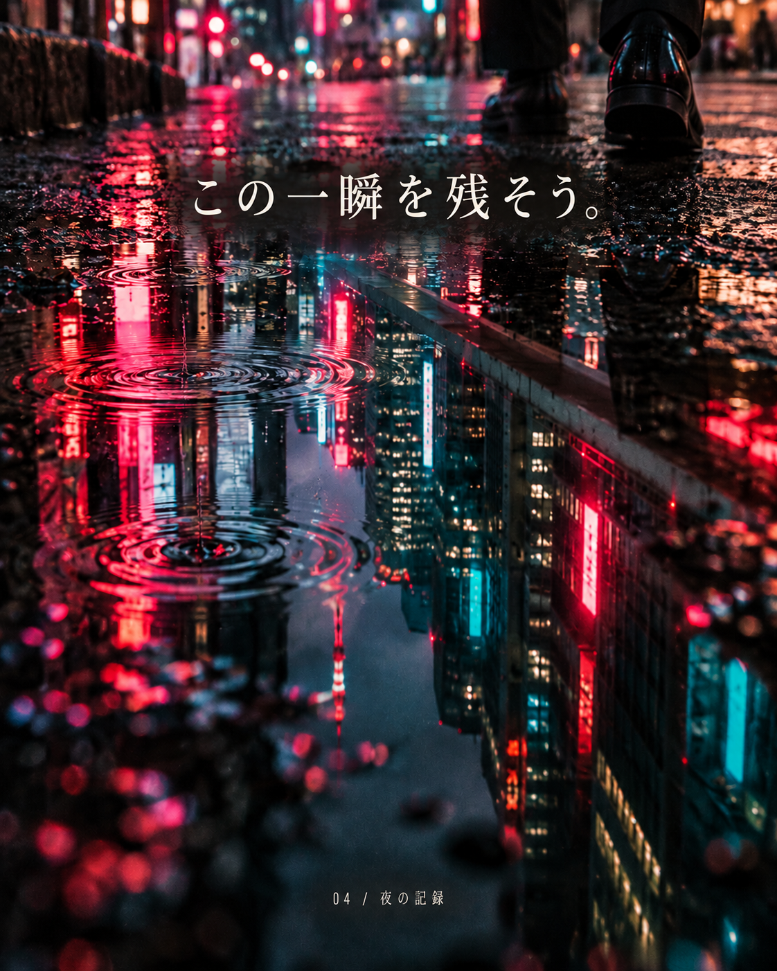 この一瞬を残そう：雨上がりの水たまりに映るネオン