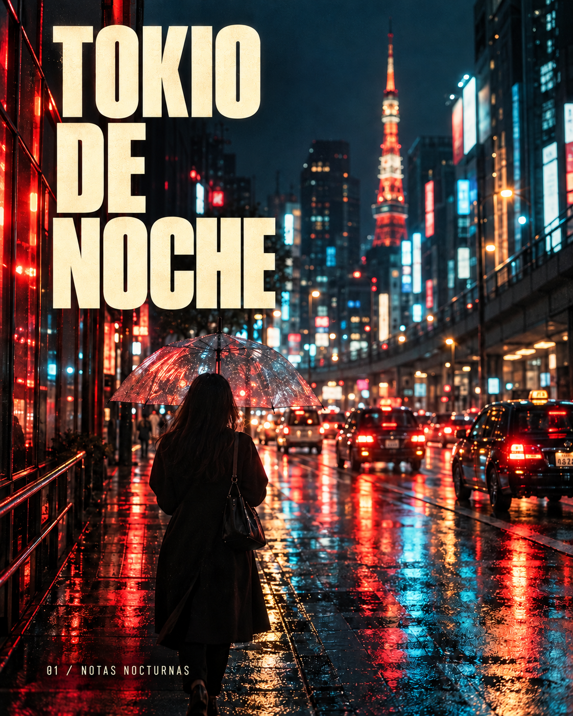 Tokio de noche: calle de neón y un paraguas bajo la lluvia