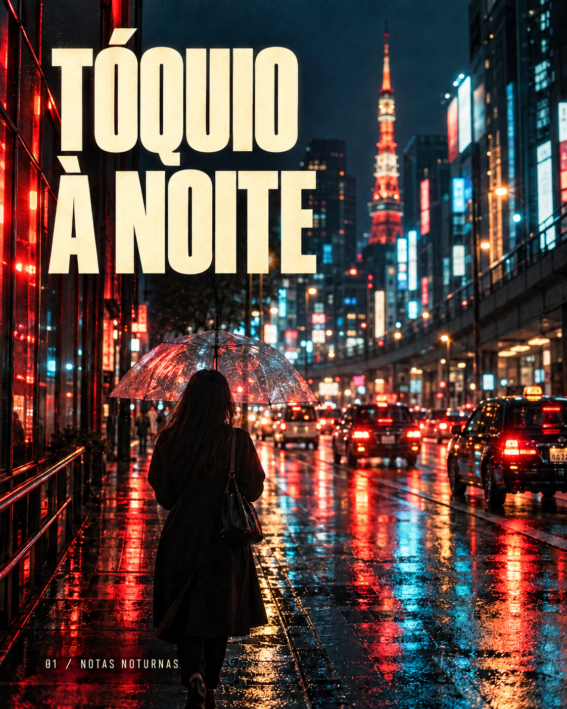 Tóquio à noite: rua de néon e um guarda-chuva à chuva