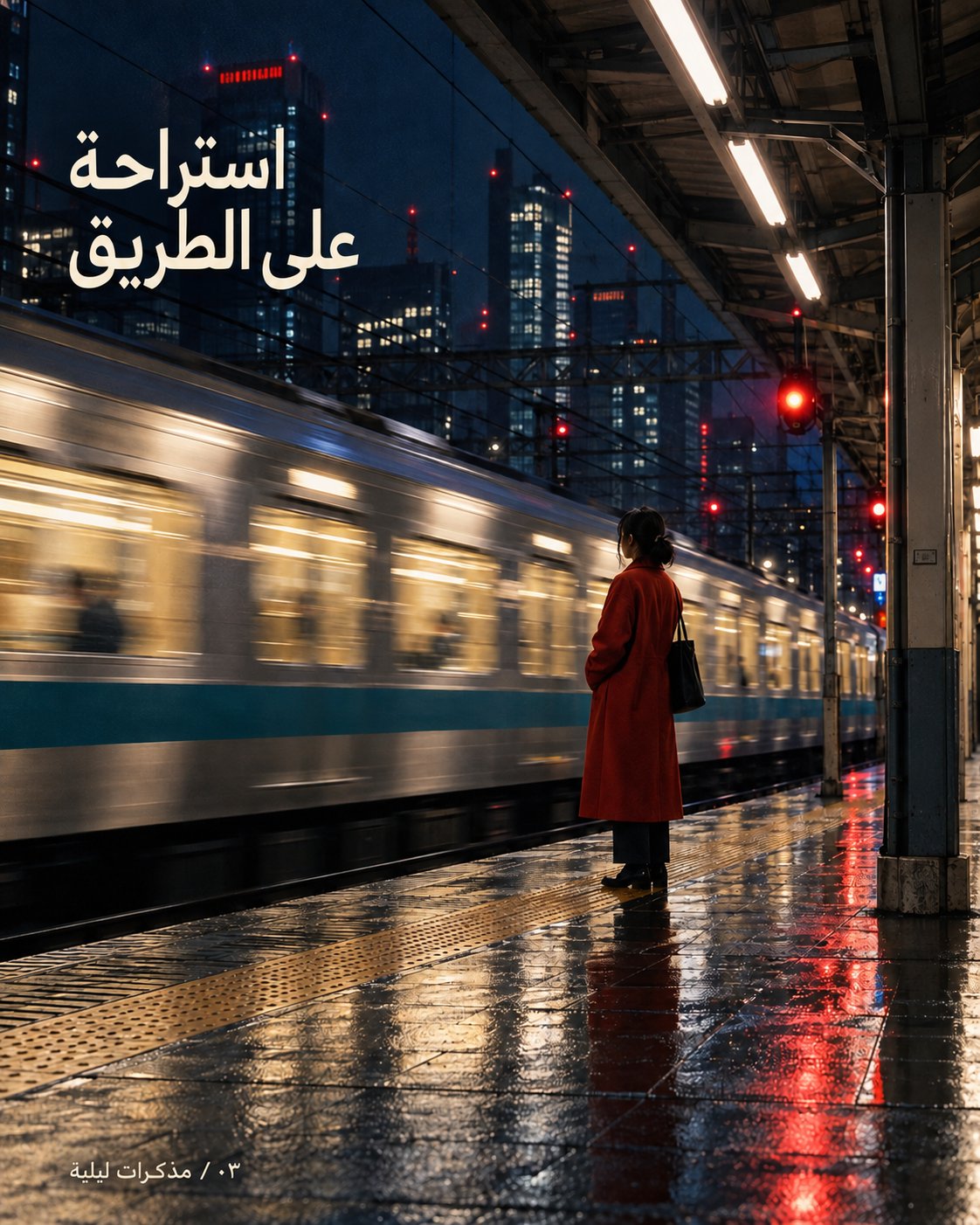 استراحة على الطريق: رصيف قطار ليلي وقطار عابر