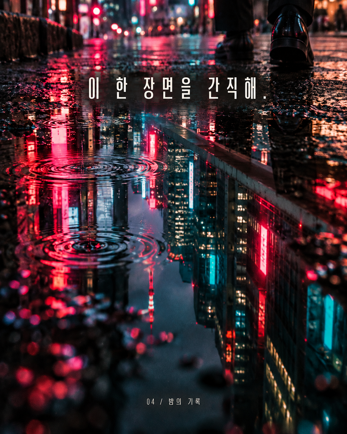 이 한 장면을 간직해: 빗물 웅덩이에 비친 네온
