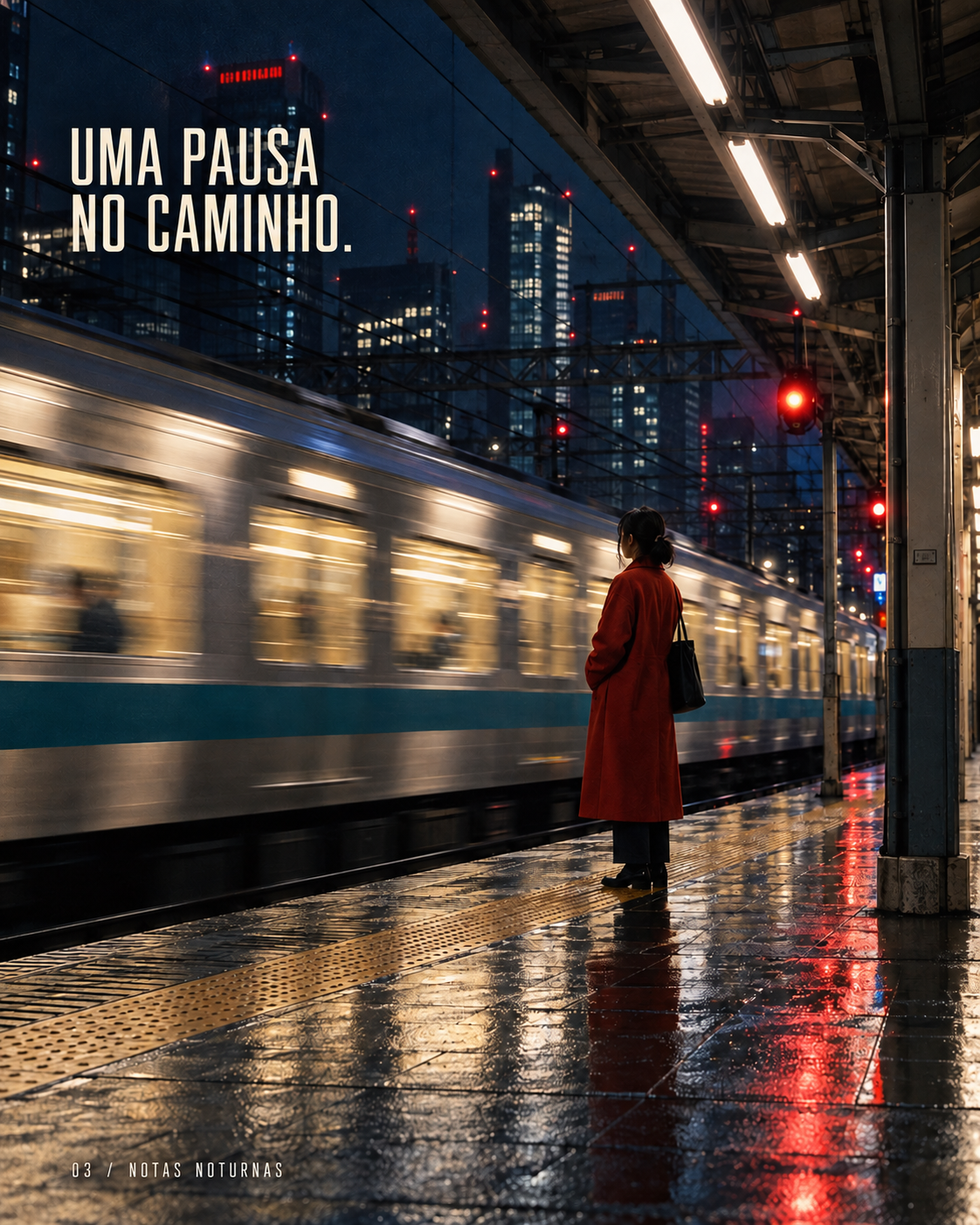 Uma pausa no caminho: plataforma noturna e um comboio a passar