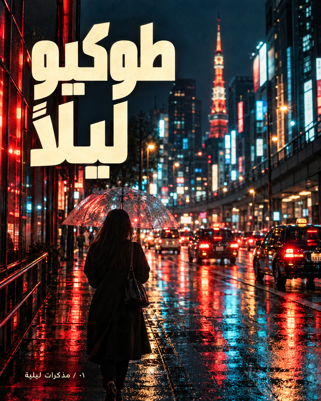 طوكيو ليلًا: شارع مضاء بالنيون وشخص يحمل مظلة تحت المطر