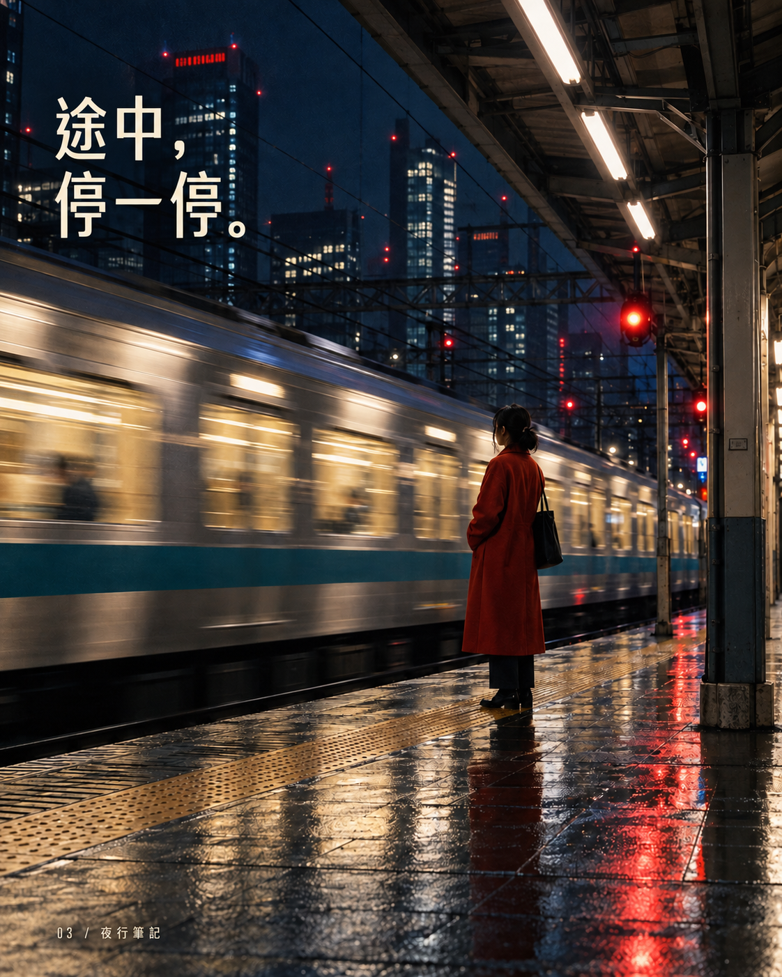 途中，停一停：夜間月台與駛過的列車