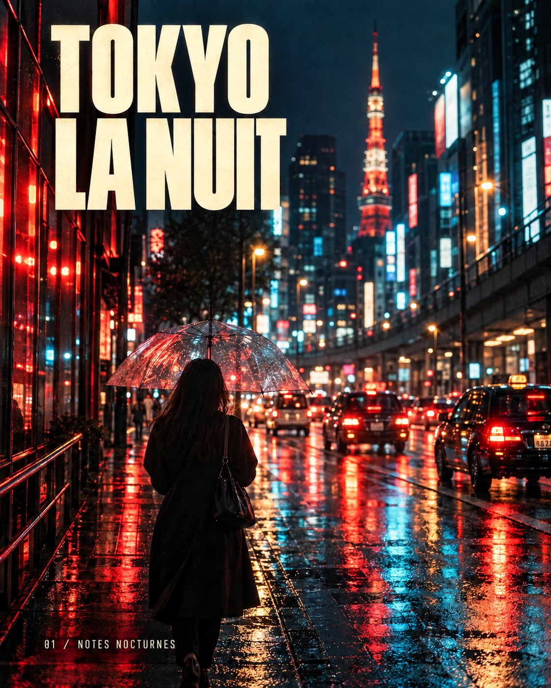 Tokyo la nuit : rue au néon et parapluie sous la pluie