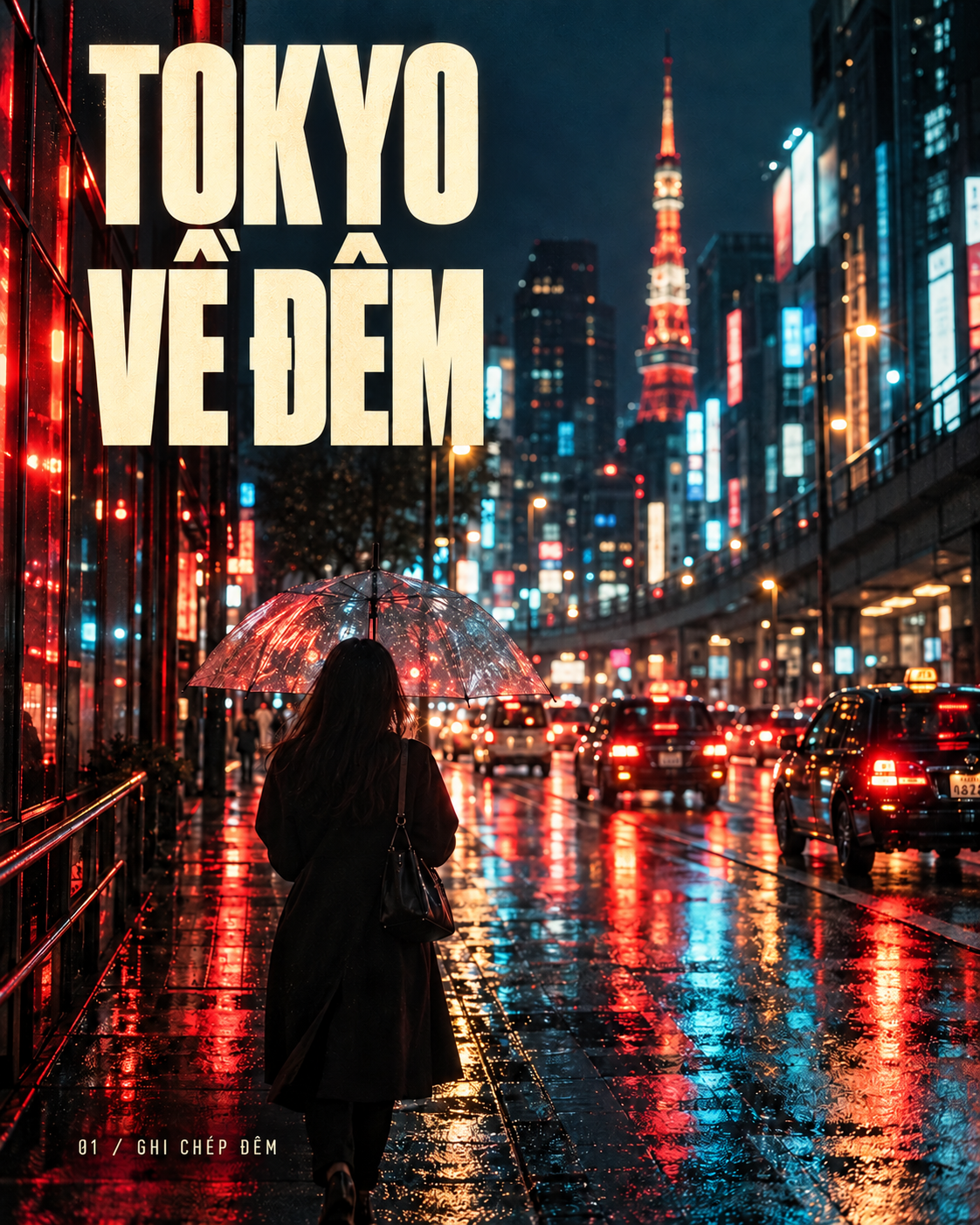 Tokyo về đêm: phố neon và người cầm ô dưới mưa