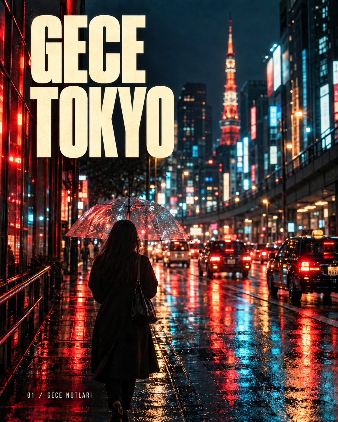 Gece Tokyo: yağmurda neon sokak ve şemsiye