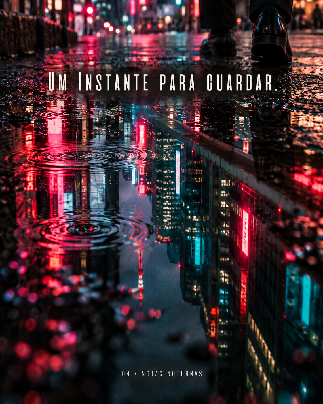Um instante para guardar: néon refletido em poças de chuva