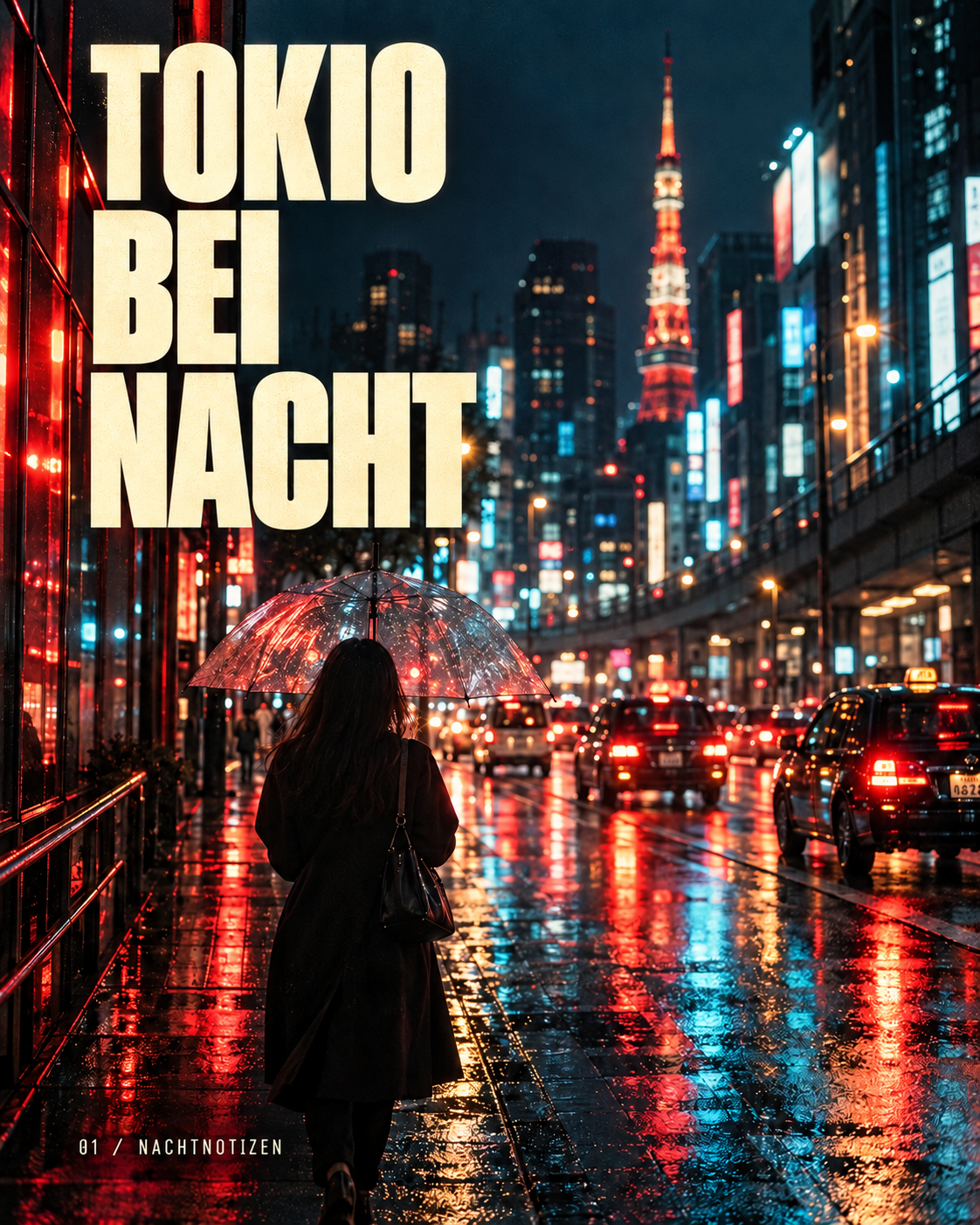 Tokio bei Nacht: eine Neonstraße und ein Regenschirm im Regen