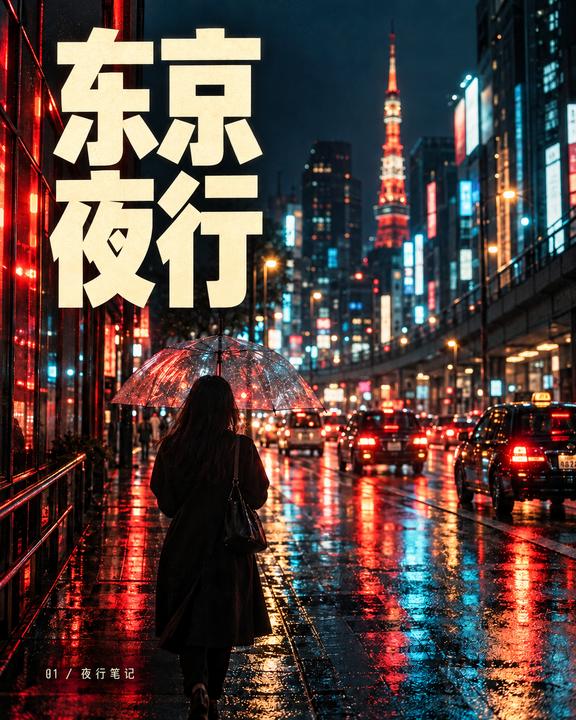 东京夜行：雨夜霓虹街景与撑伞行人
