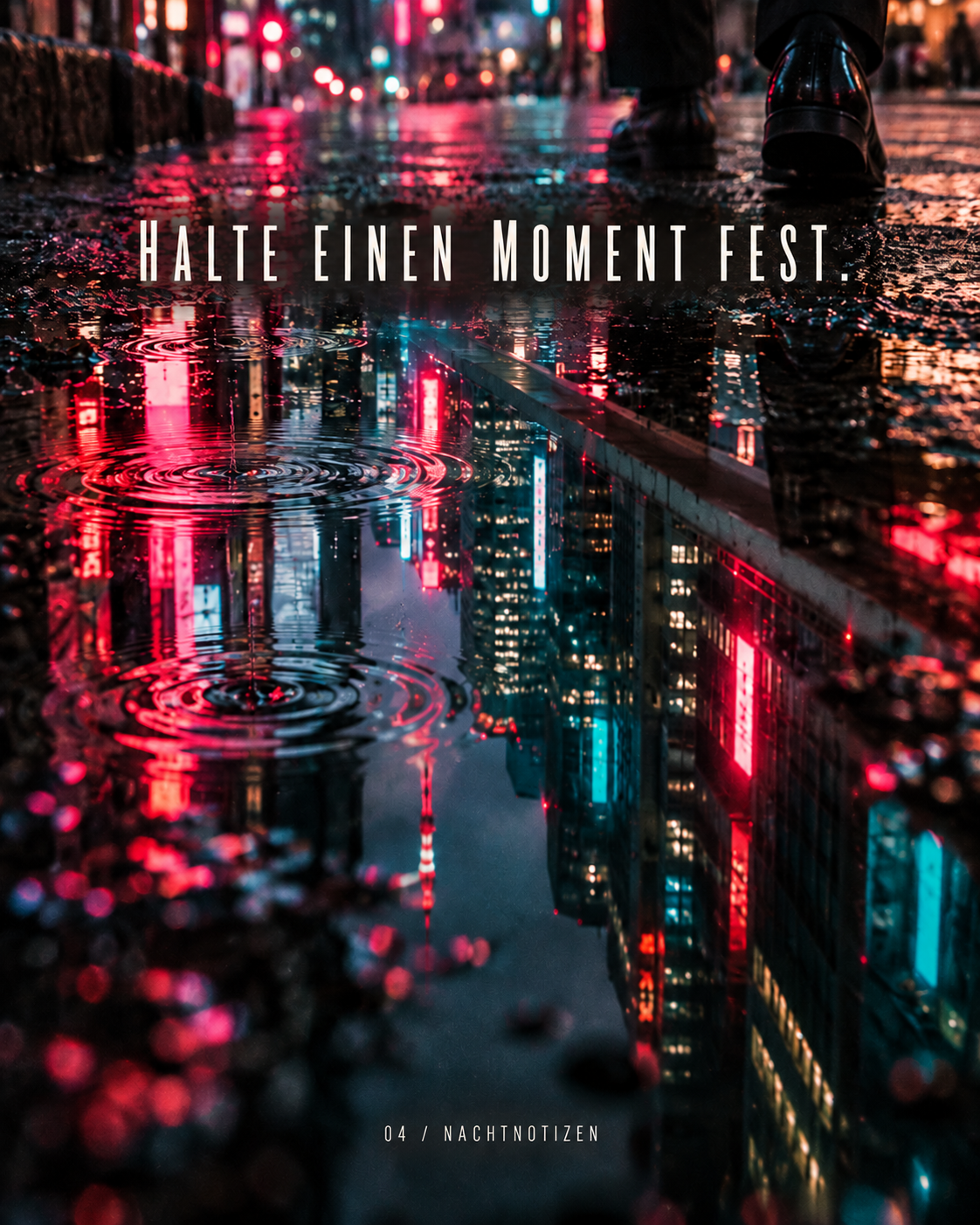 Halte einen Moment fest: Neonlicht in Regenpfützen