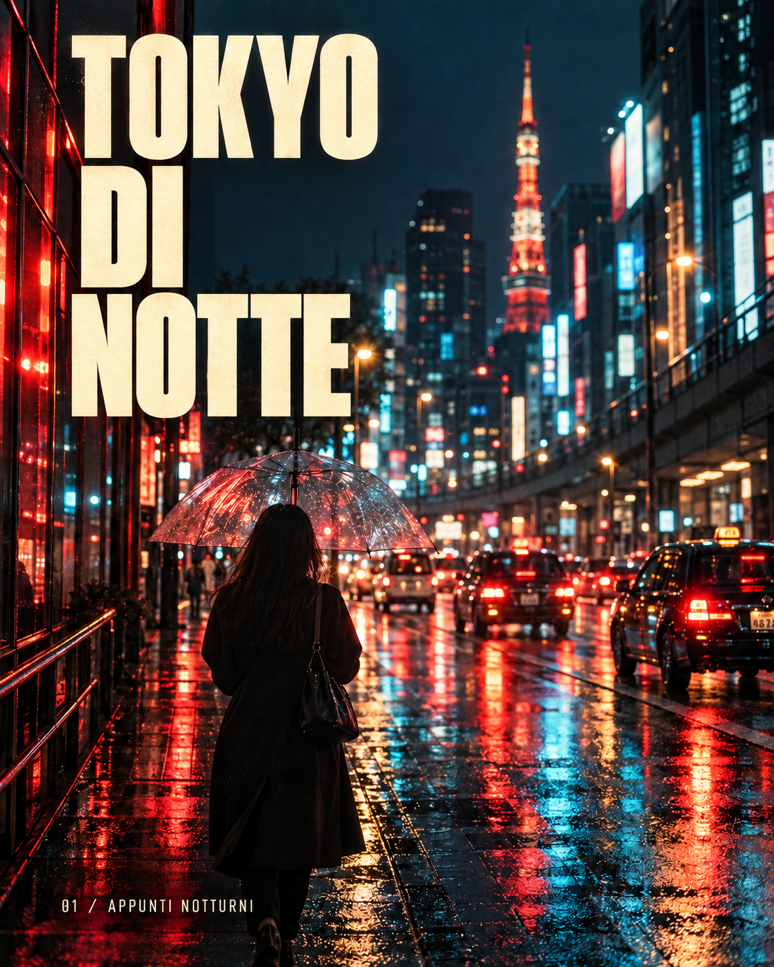 Tokyo di notte: strada al neon e ombrello sotto la pioggia