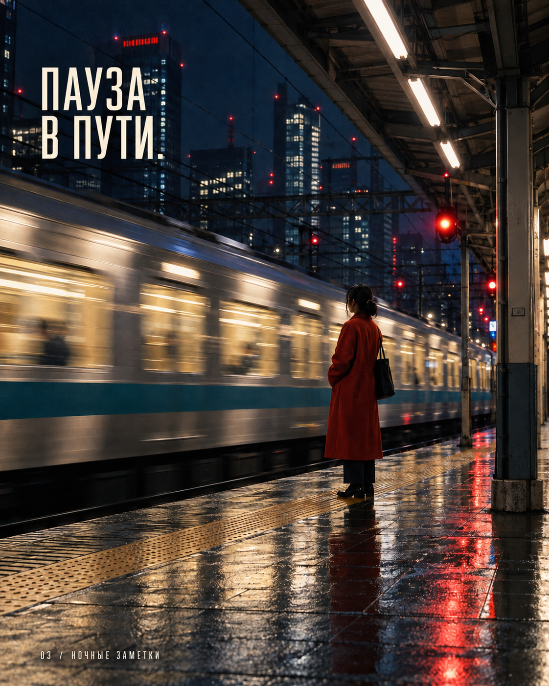 Пауза в пути: ночная платформа и проходящий поезд