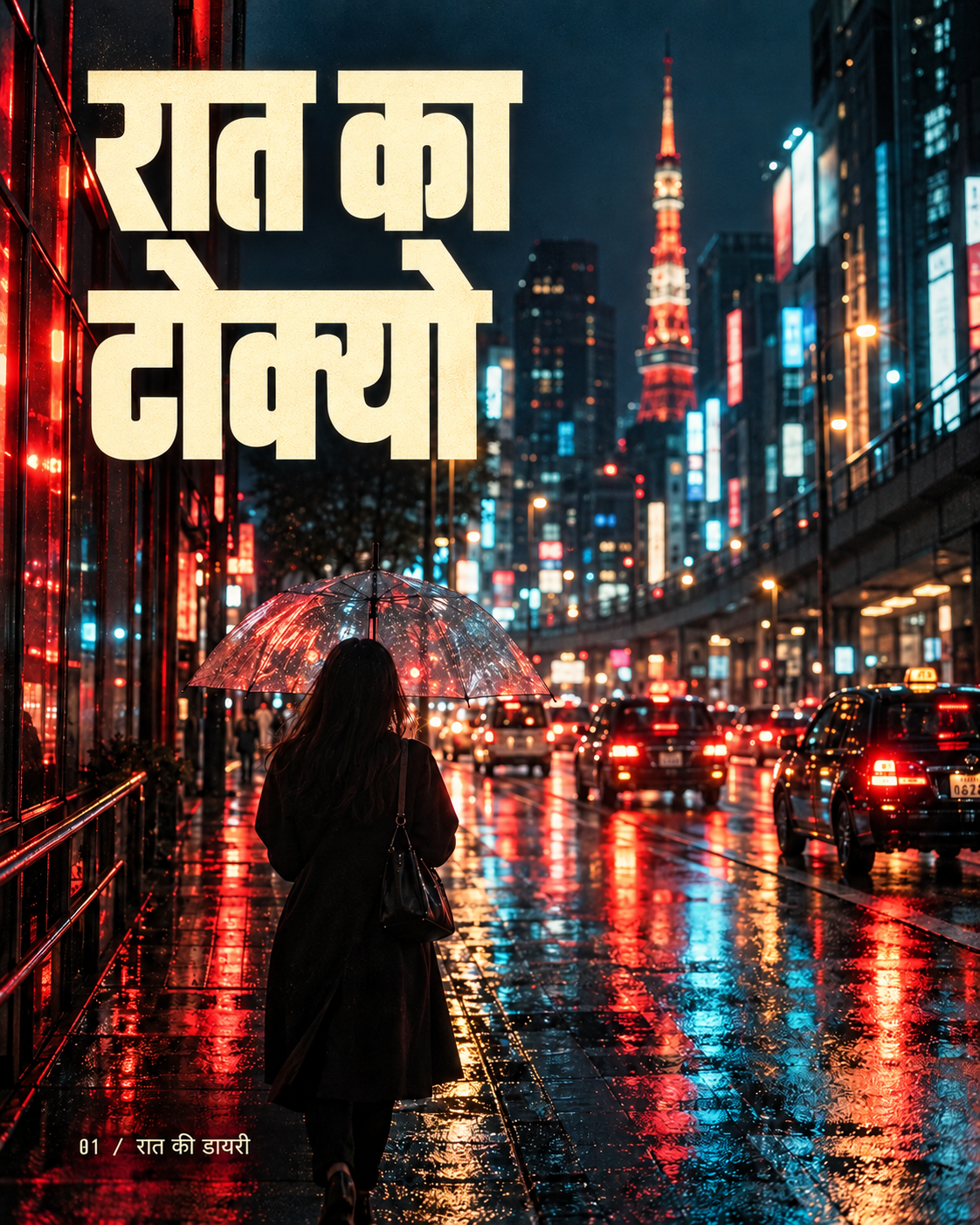 रात का टोक्यो: बारिश में नीयन वाली सड़क और छाता लिए व्यक्ति