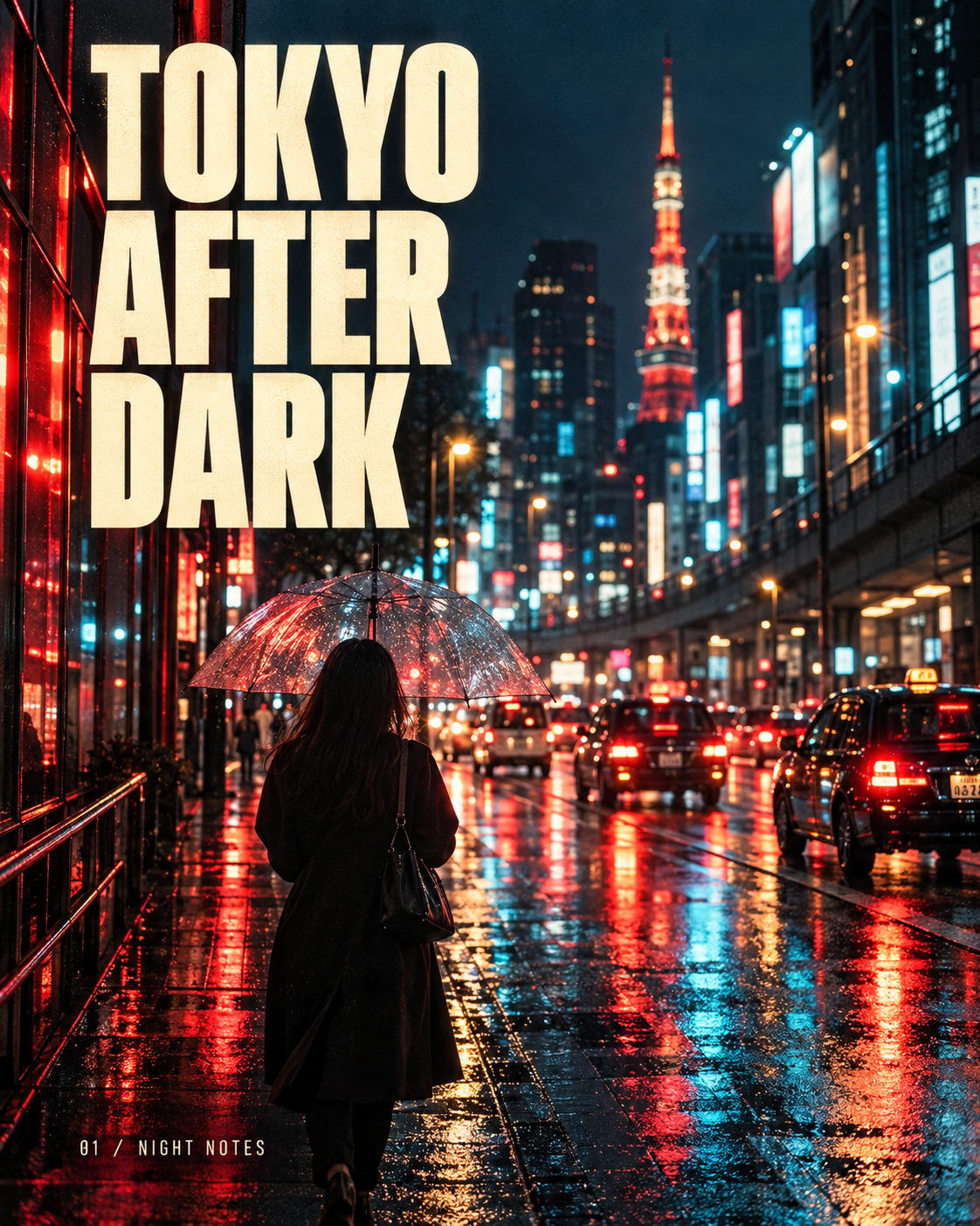 Tokyo After Dark: neon street and an umbrella in the rain