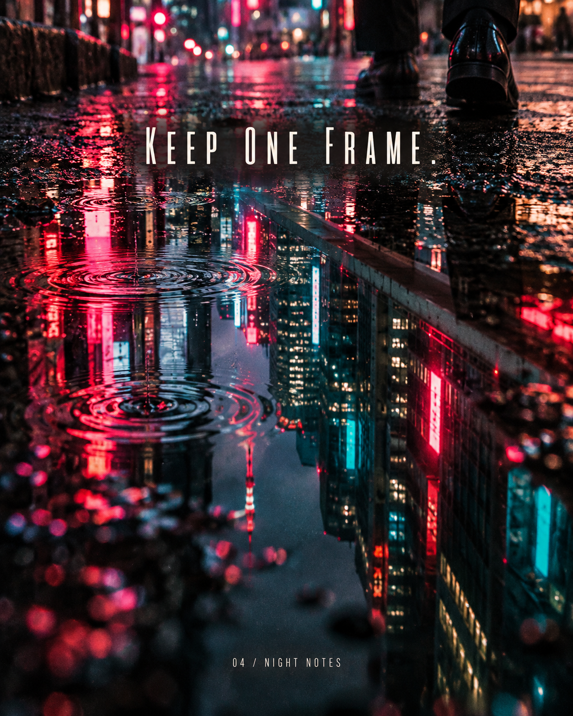 Keep One Frame: neon reflected in rain puddles