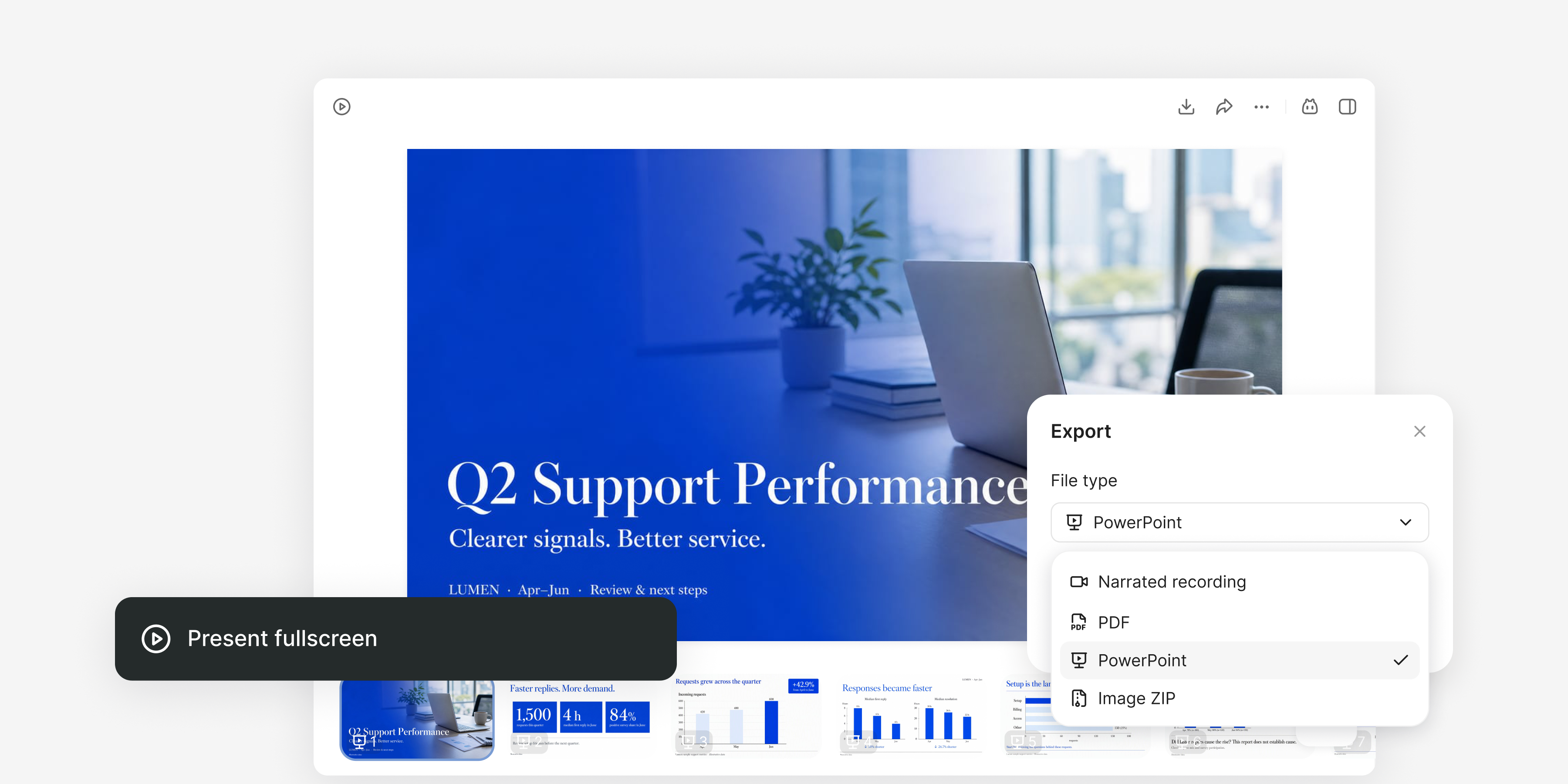 Lumen 支援服務績效報告，提供全螢幕 PPT 和旁白錄製匯出選項。