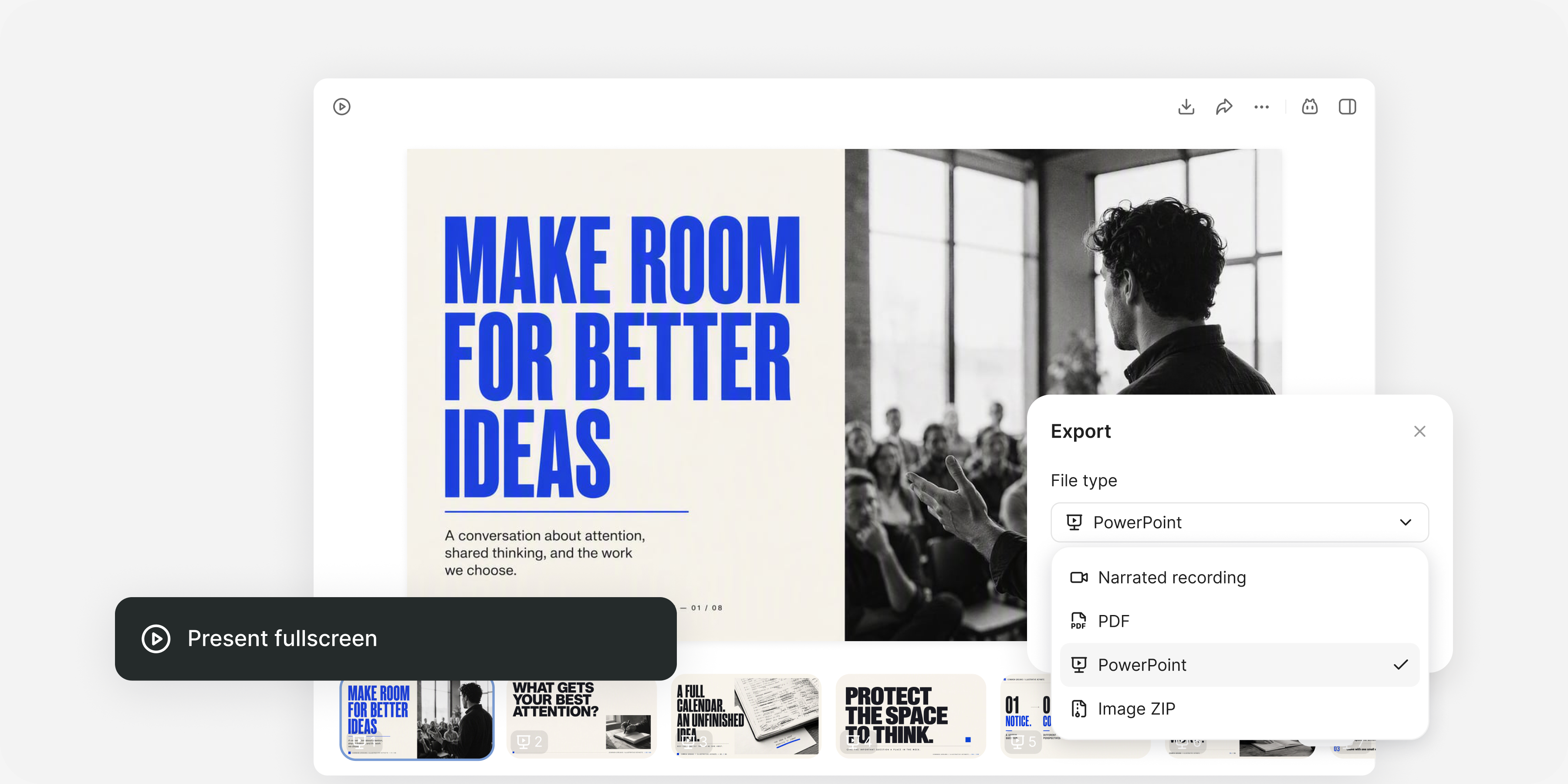 Common Ground 主題演講,提供全螢幕展示,以及附旁白錄影、PDF、PowerPoint 與圖片匯出選項。