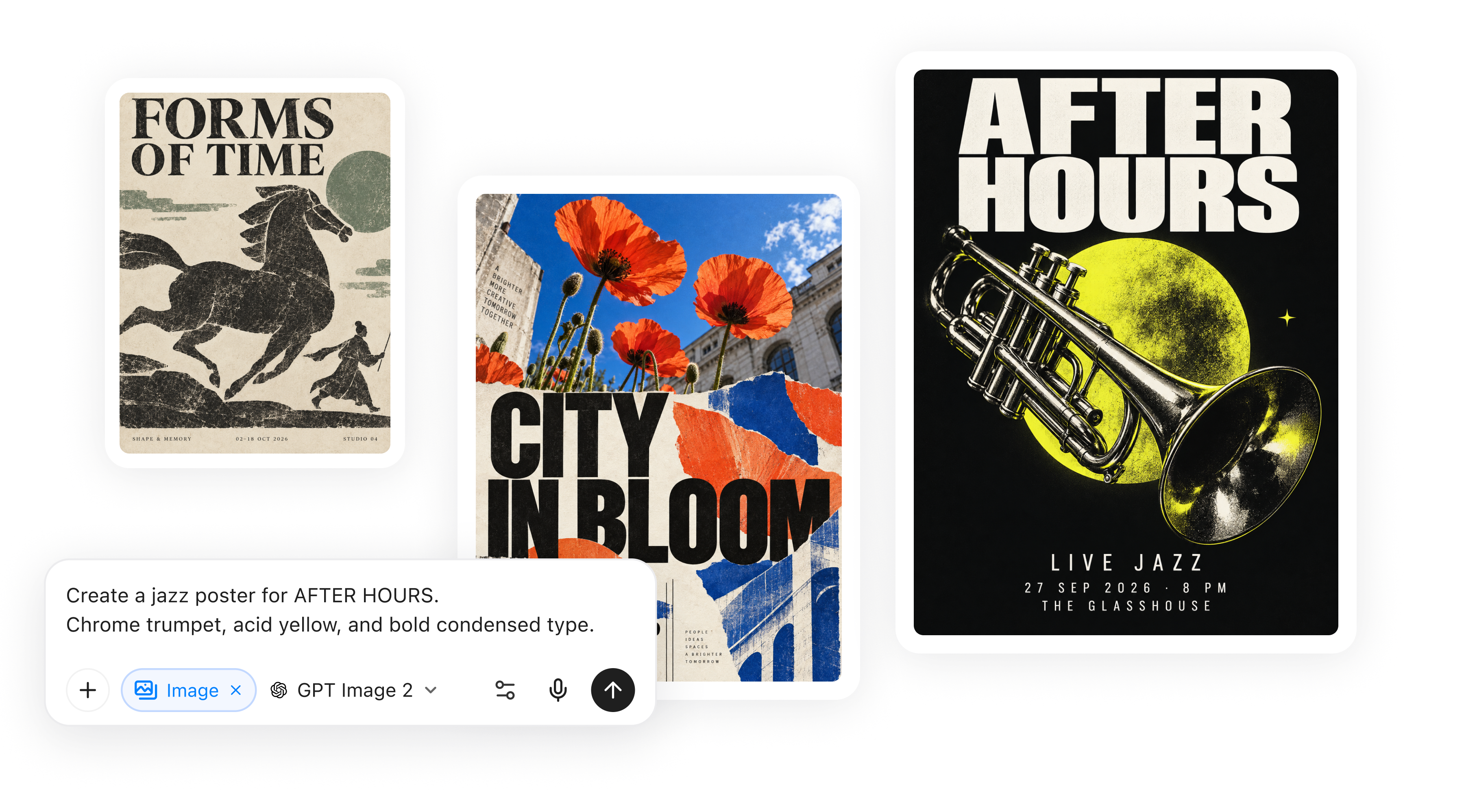 三種海報方向：Forms of Time、City in Bloom 和 After Hours，旁邊是 YouMind 圖片提示詞。