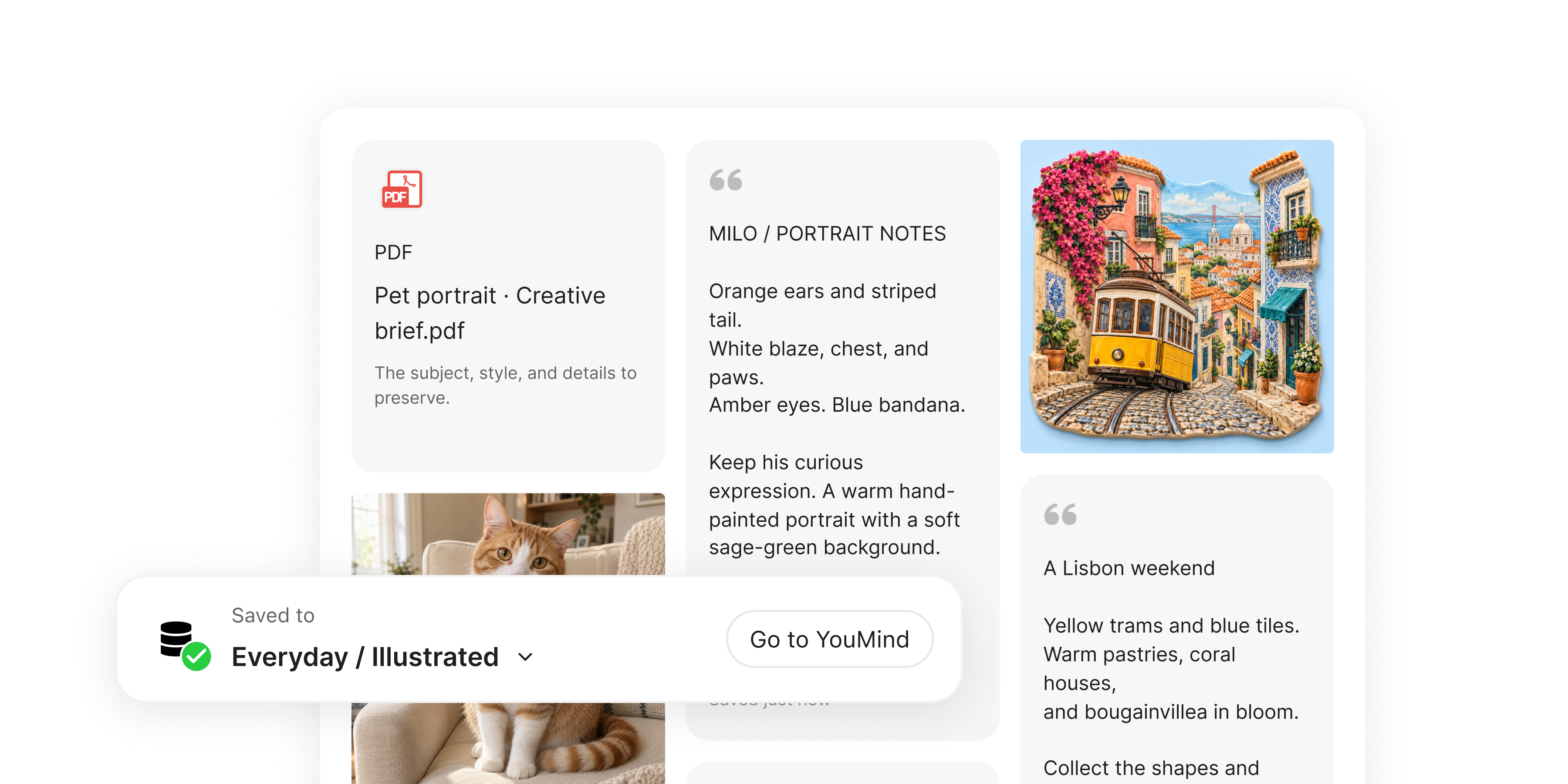 YouMind 項目中收集了寵物肖像筆記、照片、插畫參考和里斯本旅行回憶。