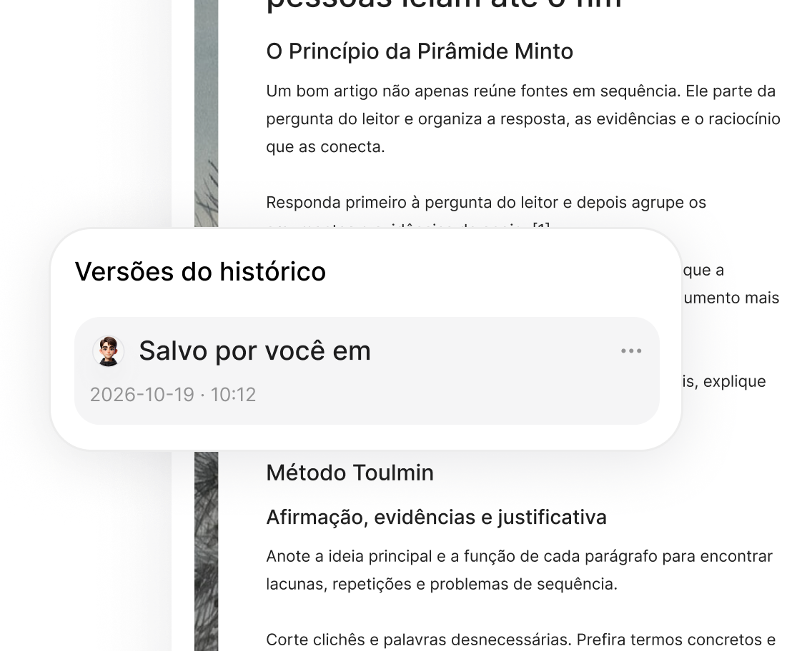 Histórico de versões do artigo aberto em um documento editável