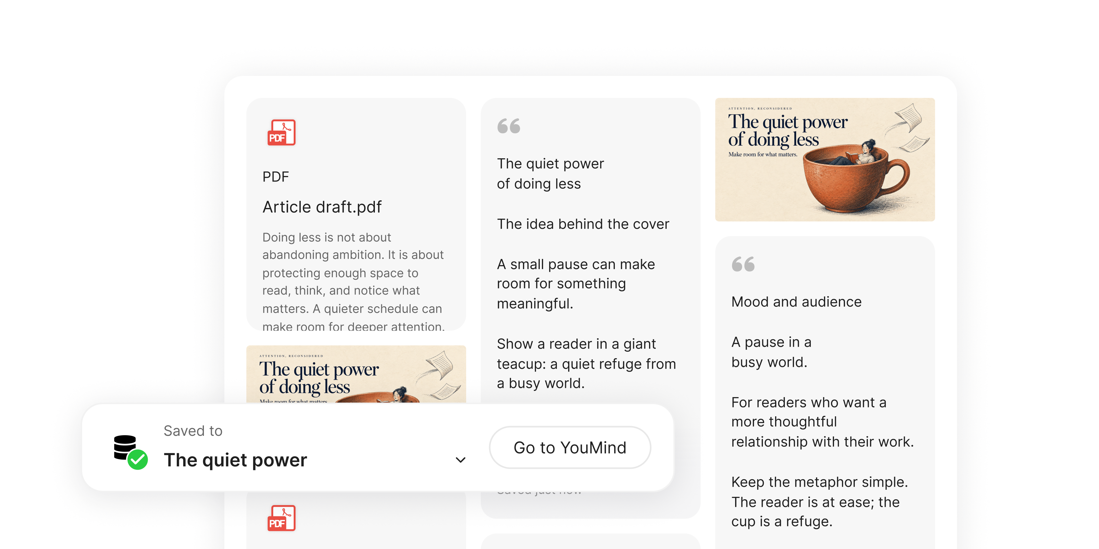 包含文章初稿、封面簡報和編輯參考的 YouMind 項目。