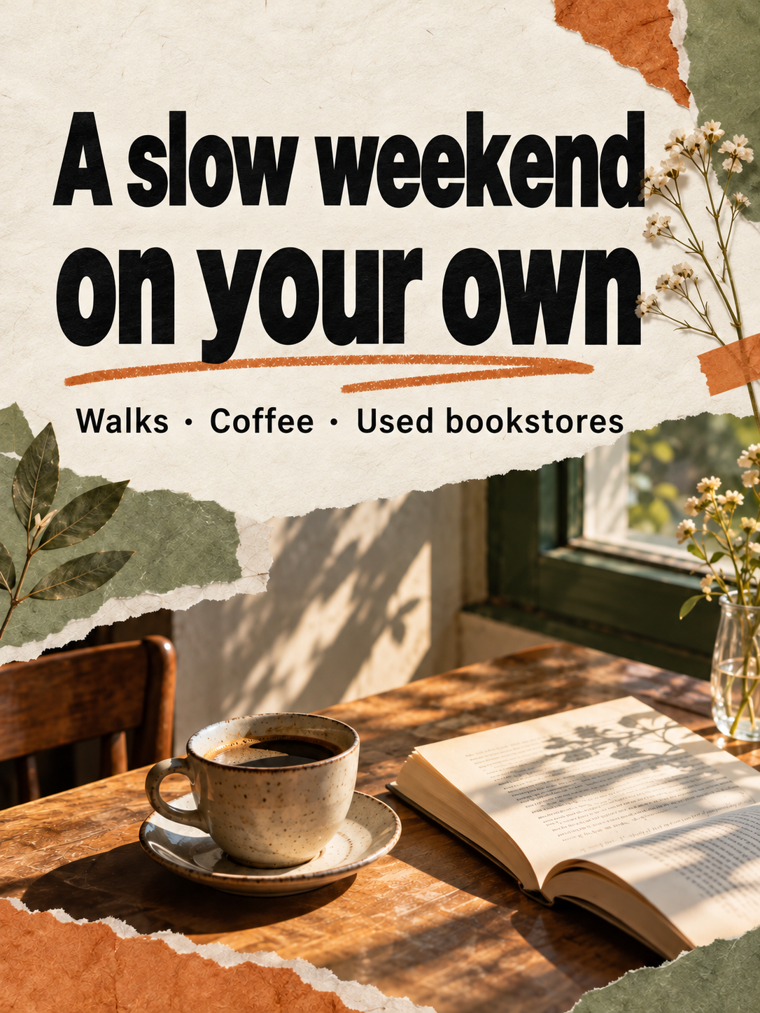 A quiet weekend alone: a cover with a prominent title, coffee, and books