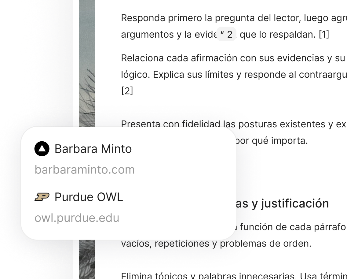 Fuentes de citas abiertas al lado del texto del artículo que respaldan