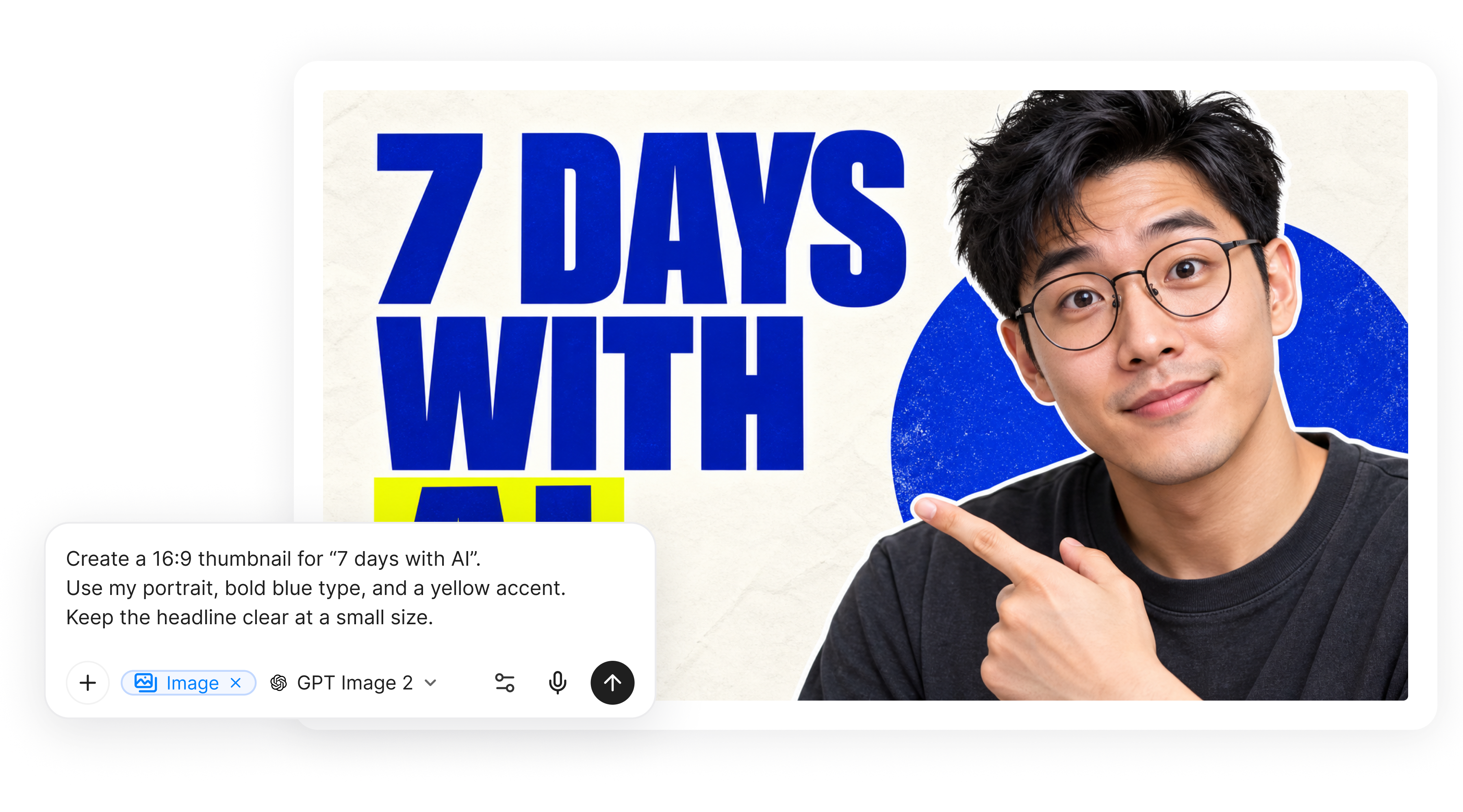 YouTube 縮圖呈現個人照片與醒目的藍色「與 AI 相處 7 天」標題，旁邊是 YouMind 圖片提示詞。