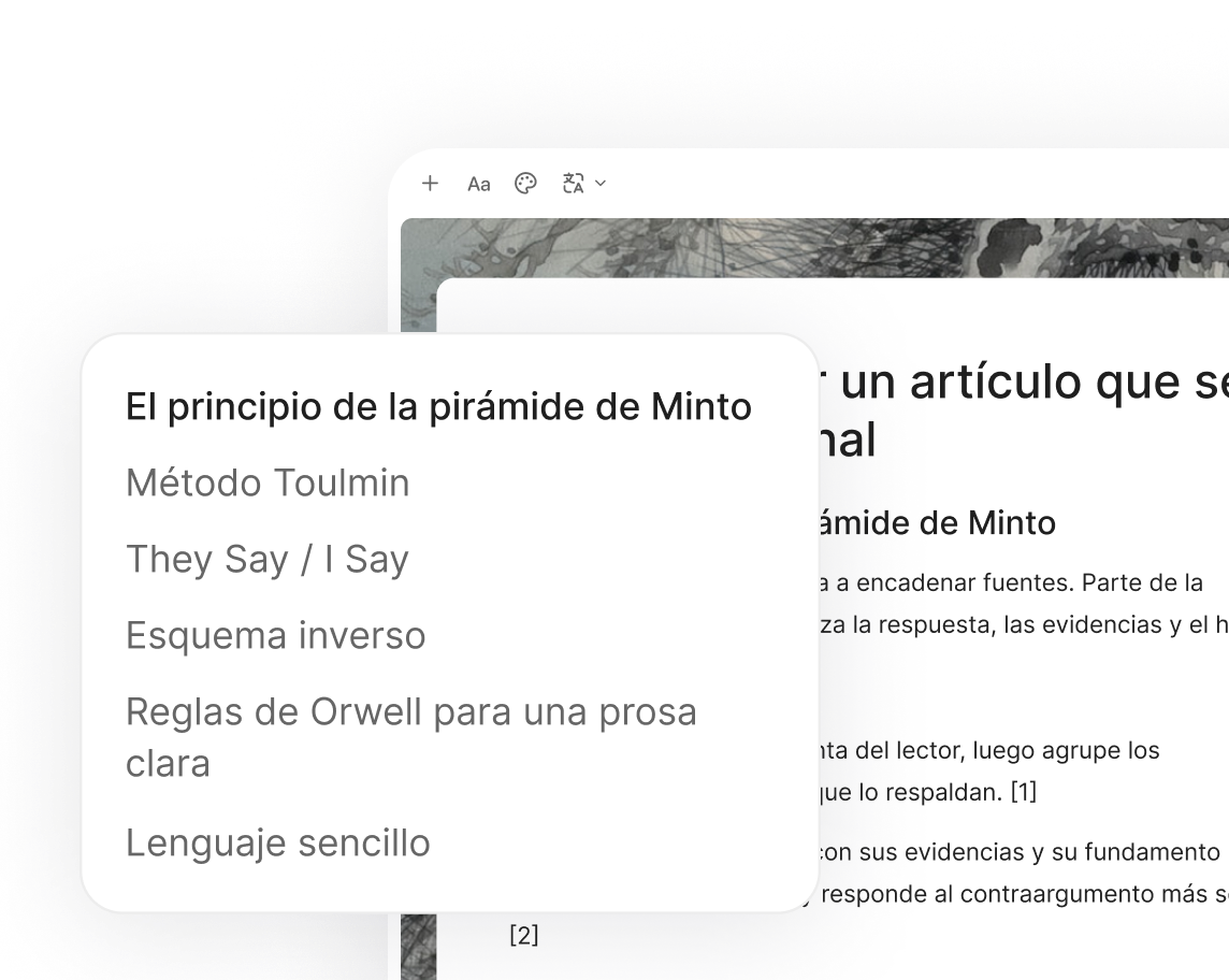 Un esquema de artículo editable junto a una tarea de escritura de YouMind