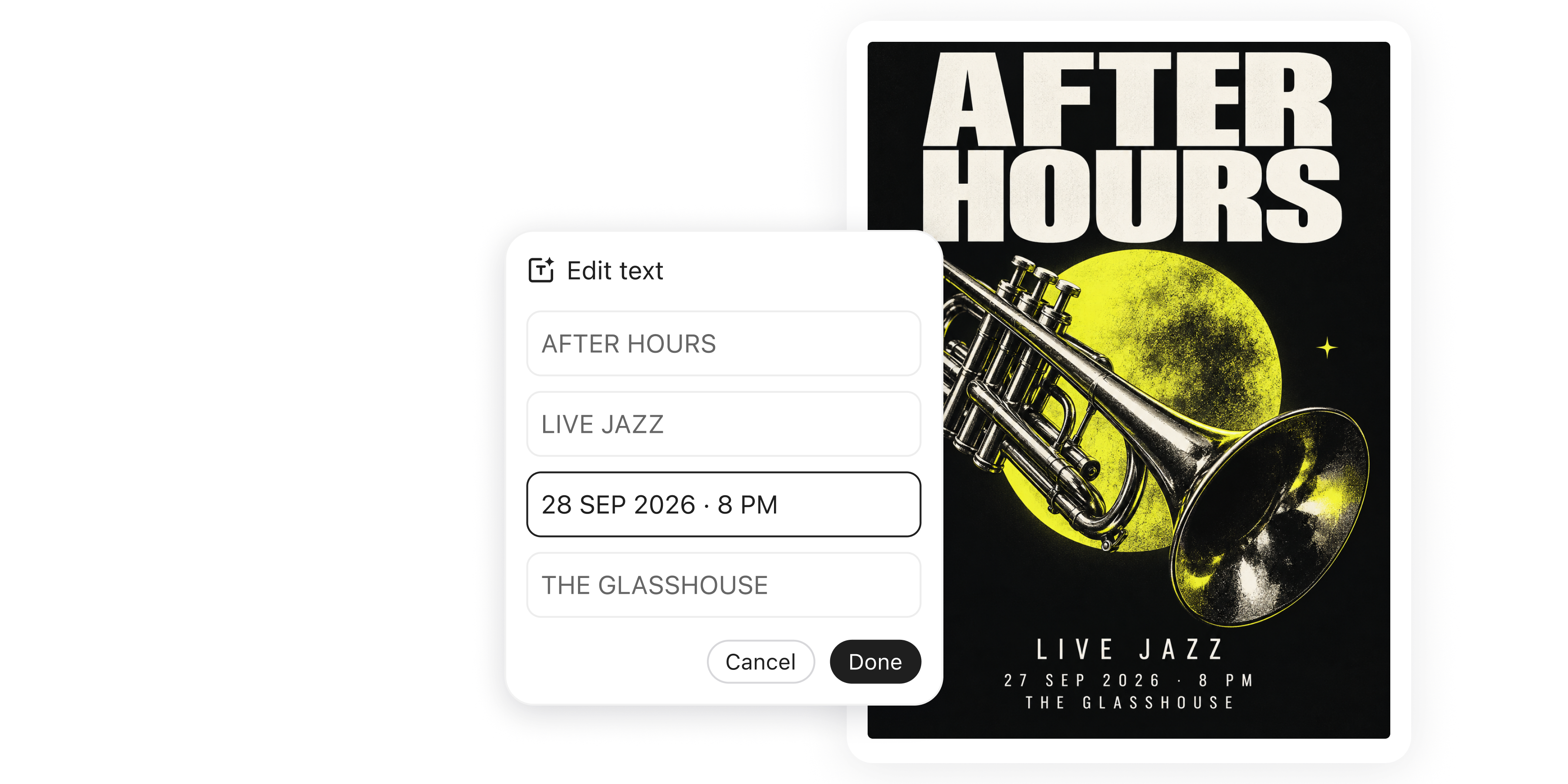 After Hours 海報，以及用於修改標題、日期和地點的文字編輯面板。
