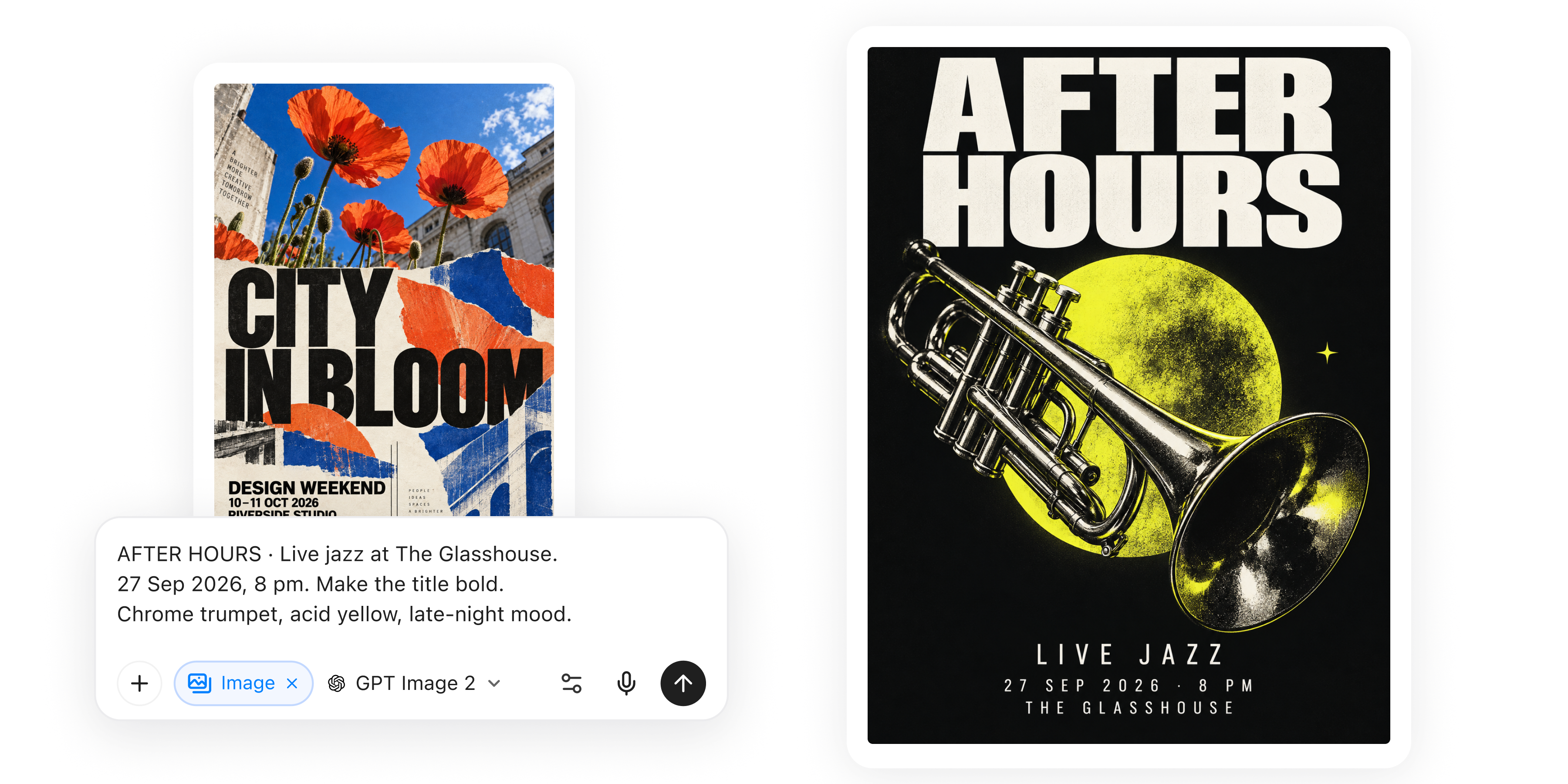 三種海報創意，旁邊是用於 After Hours 爵士活動的 YouMind 提示詞。
