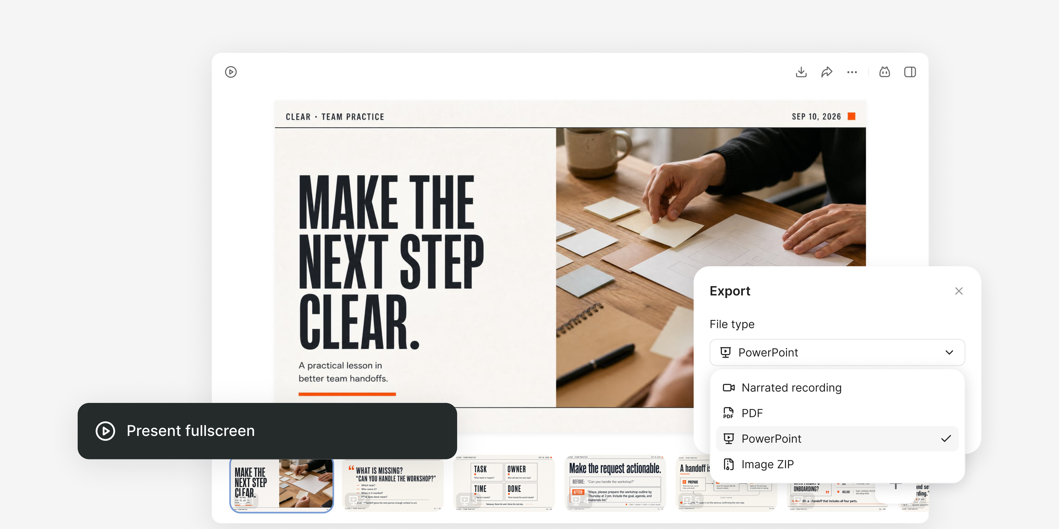 Clear 交接課程展示全螢幕 PPT 和匯出選項,包括 PowerPoint、PDF 和旁白錄製。