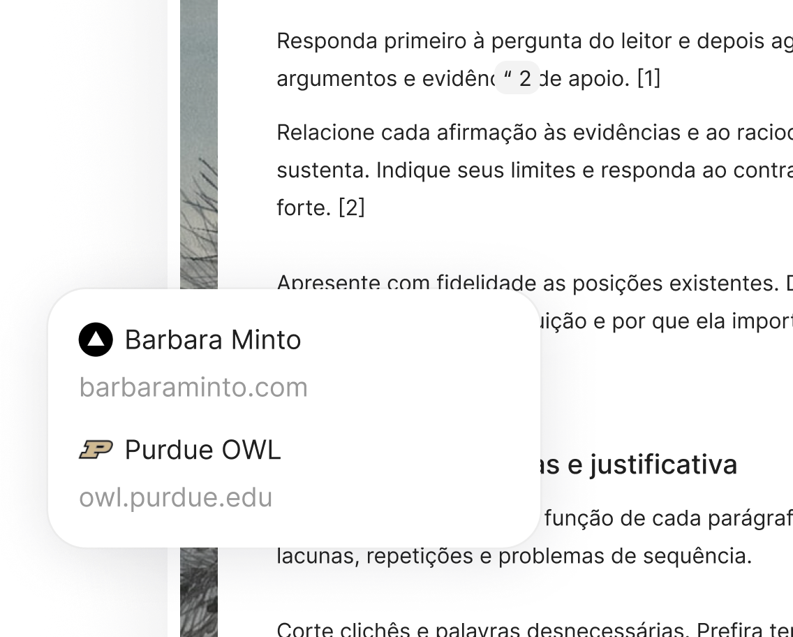 Fontes de citação abertas ao lado do texto do artigo que suportam